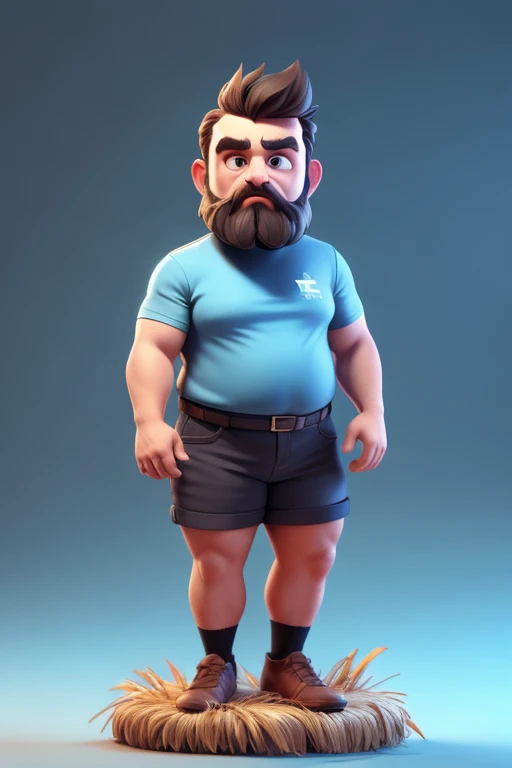 3dcharacter,old farmer bearded plump plump extremely thick thighs large belly fat,(full body:1.2),simple background, masterpiece,best quality,(blule gradient background:1.1), camiseta xadrez, roupas de fazendeiro, segurando garfo de fazendeiro, segurando um balde de madeira, he is near the hay, gesturing with hands towards the viewer.