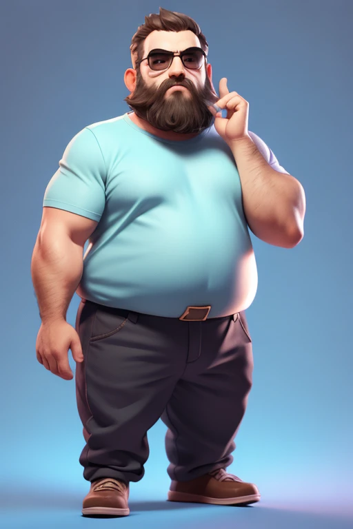 3dcharacter,old farmer bearded plump plump extremely thick thighs large belly fat,(full body:1.2),simple background, masterpiece,best quality,(blule gradient background:1.1), camiseta xadrez, roupas de fazendeiro, segurando garfo de fazendeiro, segurando um balde de madeira, he is near the hay, gesturing with hands towards the viewer.