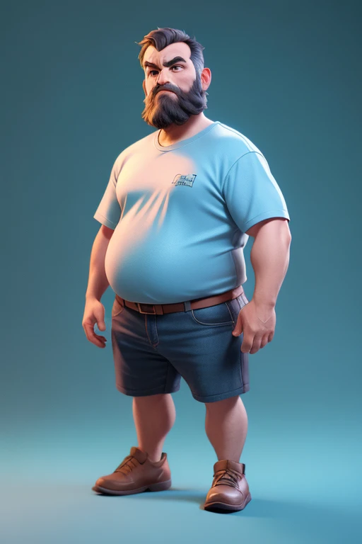 3dcharacter,old farmer bearded plump plump extremely thick thighs large belly fat,(full body:1.2),simple background, masterpiece,best quality,(blule gradient background:1.1), camiseta xadrez, roupas de fazendeiro, segurando garfo de fazendeiro, segurando um balde de madeira, he is near the hay, gesturing with hands towards the viewer.