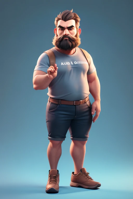 3dcharacter,old farmer bearded plump plump extremely thick thighs large belly fat,(full body:1.2),simple background, masterpiece,best quality,(blule gradient background:1.1), camiseta xadrez, roupas de fazendeiro, segurando garfo de fazendeiro, segurando um balde de madeira, he is near the hay, gesturing with hands towards the viewer.