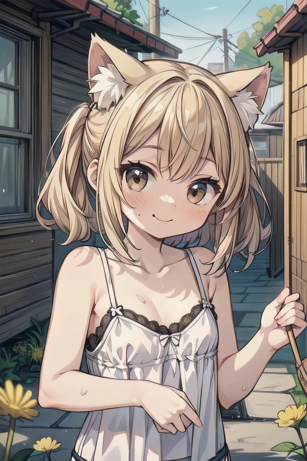 ((Masterpiece)), ((best quality)), (Anime:1.4), (super detail:1.2), (High Definition:1.3), (Professional Photography:1.3), (wide shot), (sharp focus), (perfect light), (()), Portrait shot, Pale brown hair, messy medium hair, (loose low ponytails), (slightly exposed small breast), Beautiful collarbone, (Ripped loose camisole), oversized white camisole, barearms, Slender body, ((Holding a single dandelion in right hand)), Sweaty skin, dark brown eyes, (wavy mouth), ((very naughty smile)), Textured skin, Cat ears, Cute Beautiful Girl, BREAK, ((best quality)), (Leaning against the Exterior of the slums),