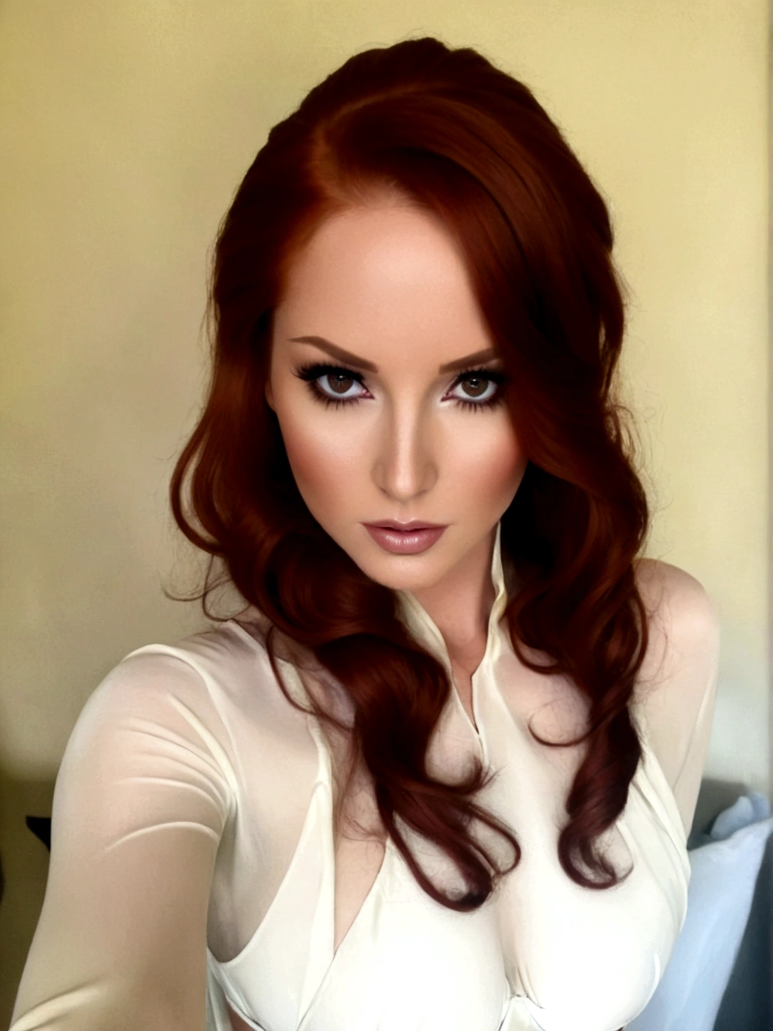 A vividly detailed (((woman with auburn hair))), topless with c cups, dressed in flowing, luxurious Princess Leia-inspired slave silks, poised in a demure sexy pose
