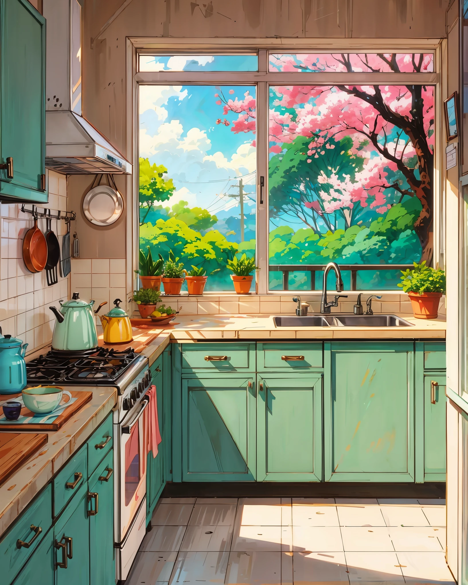 a painting of a kitchen with a cherry tree in the window, cute kitchen, anime asthetic, kitchen background, house kitchen on a sunny day, aesthetic award winning anime, kitchen, ghibli studio style, anime. by makoto shinkai, maison ikkoku, by Edward Okuń, studio ghibli aesthetic, studio ghibli color cheme, anime aesthetic, ghibli artstyle, HD, UHD, HDR, 32 K
