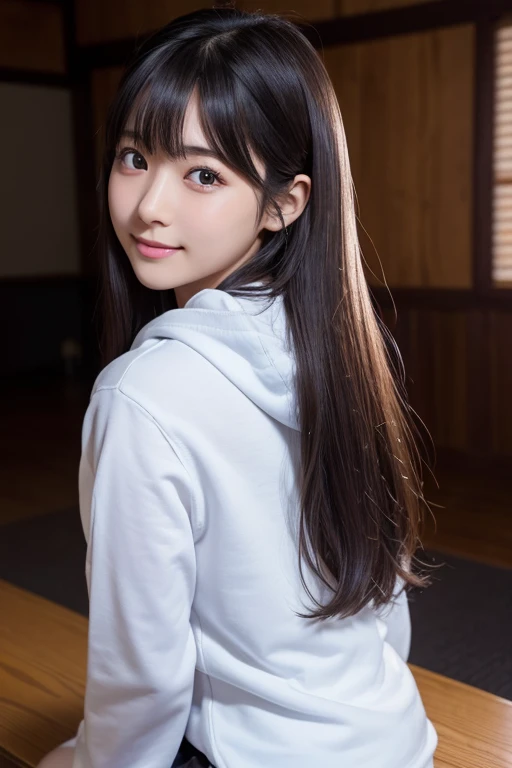 8K、Detailed Description、Very high definition、Realistic、reality的、Real、live-action、reality、High resolution、Nogizaka46、japanese idol,beautiful girl、21 years old、Dark brown eyes、University、sunny、smile, closed mouth,Long Hair、Headband、Knee-up-top angle of view、Back view、look back、hoodie、moe sleeves,Long skirt、Very black hair、pretty girl、Beauty、Glowing Skin、Glowing Skin、Shiny Hair、Very white skin、Heavy makeup、Large Breasts、Slit eyes、Big Eyes、Double eyelids、Don't show your teeth、