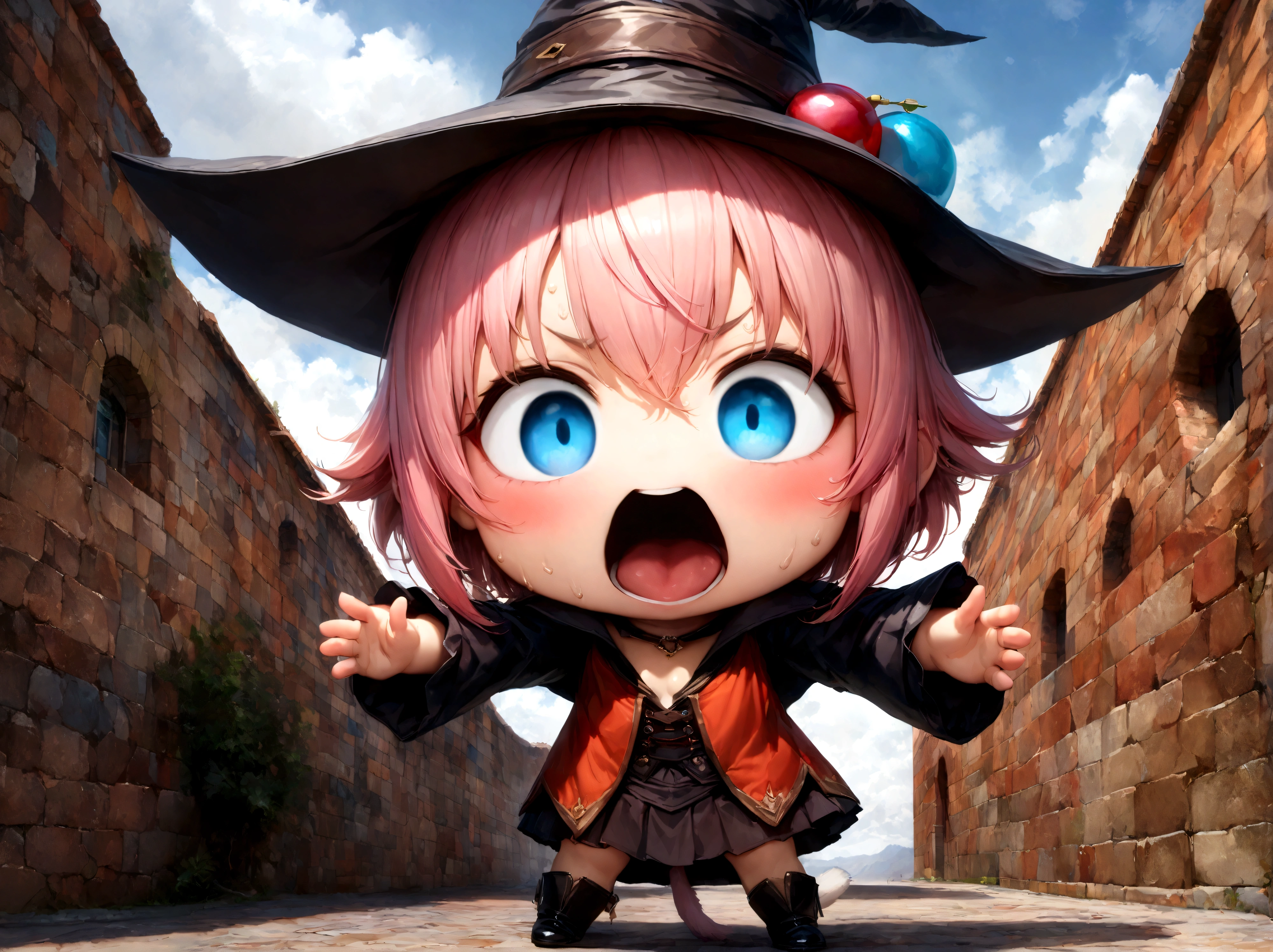 (((Top quality, 4k, 8k, high resolution, masterpiece: 1.2))), (super detailed), (realistic), (photorealistic), (photorealistic: 1.37), (HDR, UHD), (studio (lighting)), ultra-fine drawing, sharp focus, physically based rendering, highly detailed, professional, vibrant colors, perfect ditaile hand, highly detailed realistic eyes, (((Panorama, Aerial view, Distant view))), (((standing by brick wall))), (chibi:1.3), chibi, Super deformed character, 1girl, solo, cute, young, kawaii, handsome female witch, beautiful witch, wizard's hat, wizard's tricorn hat, cat tail, (mouth open, (mouth wide open), screaming), pink hair, short fine hair, bangs, hair between eyes, hair ornament, v-shaped eyebrows, surprised face, blushing, sweat, heavy sweating, blue eyes, no pupils, looking at viewer, arms wide open, legs wide open,