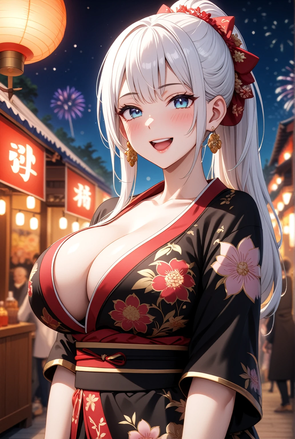 ((one personの女性)), Beautiful Face,Laughing embarrassedly,Laughing with your mouth open,((Wink:2.0)),(Bright red cheeks),Glossy pink lips,night,Festival stalls on the riverbank,Colorful fireworks,((Anime style background)),masterpiece, highest quality, so beautiful, Latest, Complex details, (Long pink and black nails),ring,AI-generated, Complex,High resolution, highest quality, super high quality,3D Images、View your viewers、3D Images,one person,Long white hair,High Ponytail,blue eyes,Anime woman posing for a photo, ((Fine grain、Colorful eyes、Shining Eyes:1.1)),((Squint your eyes:1.1),a hyperRealistic , hyperRealistic , Realistic,Anime woman with long and white hair, Smooth anime CG art, A woman in a colorful kimono with gold embroidery, (Black kimono),Red floral pattern,Long flower hair ornament,Big earrings,,Mature Body,(Big Breasts:1.2)Tall,Big Ass,Fine details,Narrow waist,(Face close-up:1.5),Bevel the background