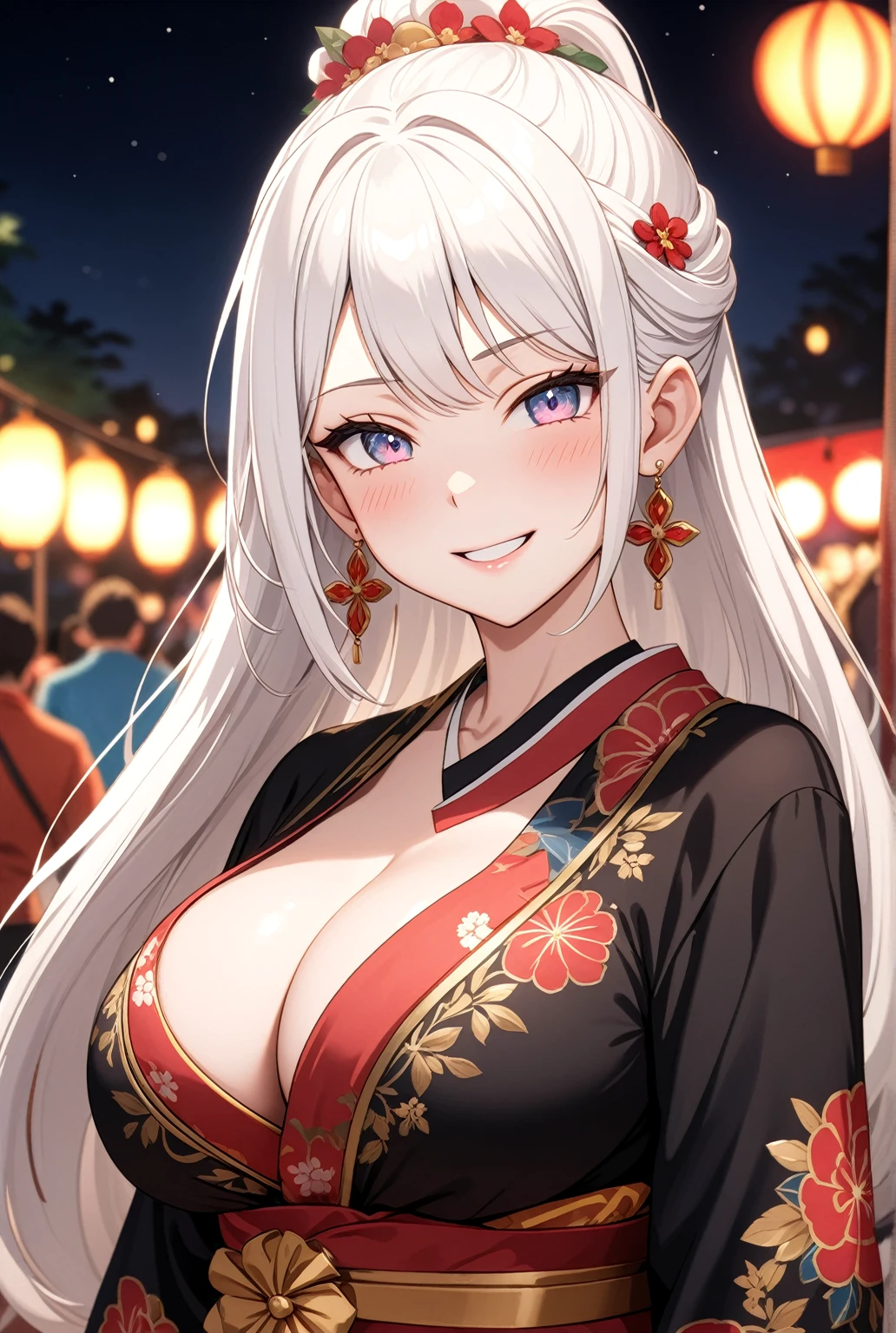 ((one personの女性)), Beautiful Face,Laughing embarrassedly,Laughing with your mouth open,((Wink:2.0)),(Bright red cheeks),Glossy pink lips,night,Festival stalls on the riverbank,Colorful fireworks,((Anime style background)),masterpiece, highest quality, so beautiful, Latest, Complex details, (Long pink and black nails),ring,AI-generated, Complex,High resolution, highest quality, super high quality,3D Images、View your viewers、3D Images,one person,Long white hair,High Ponytail,blue eyes,Anime woman posing for a photo, ((Fine grain、Colorful eyes、Shining Eyes:1.1)),((Squint your eyes:1.1),a hyperRealistic , hyperRealistic , Realistic,Anime woman with long and white hair, Smooth anime CG art, A woman in a colorful kimono with gold embroidery, (Black kimono),Red floral pattern,Long flower hair ornament,Big earrings,,Mature Body,(Big Breasts:1.2)Tall,Big Ass,Fine details,Narrow waist,(Face close-up:1.5),Bevel the background