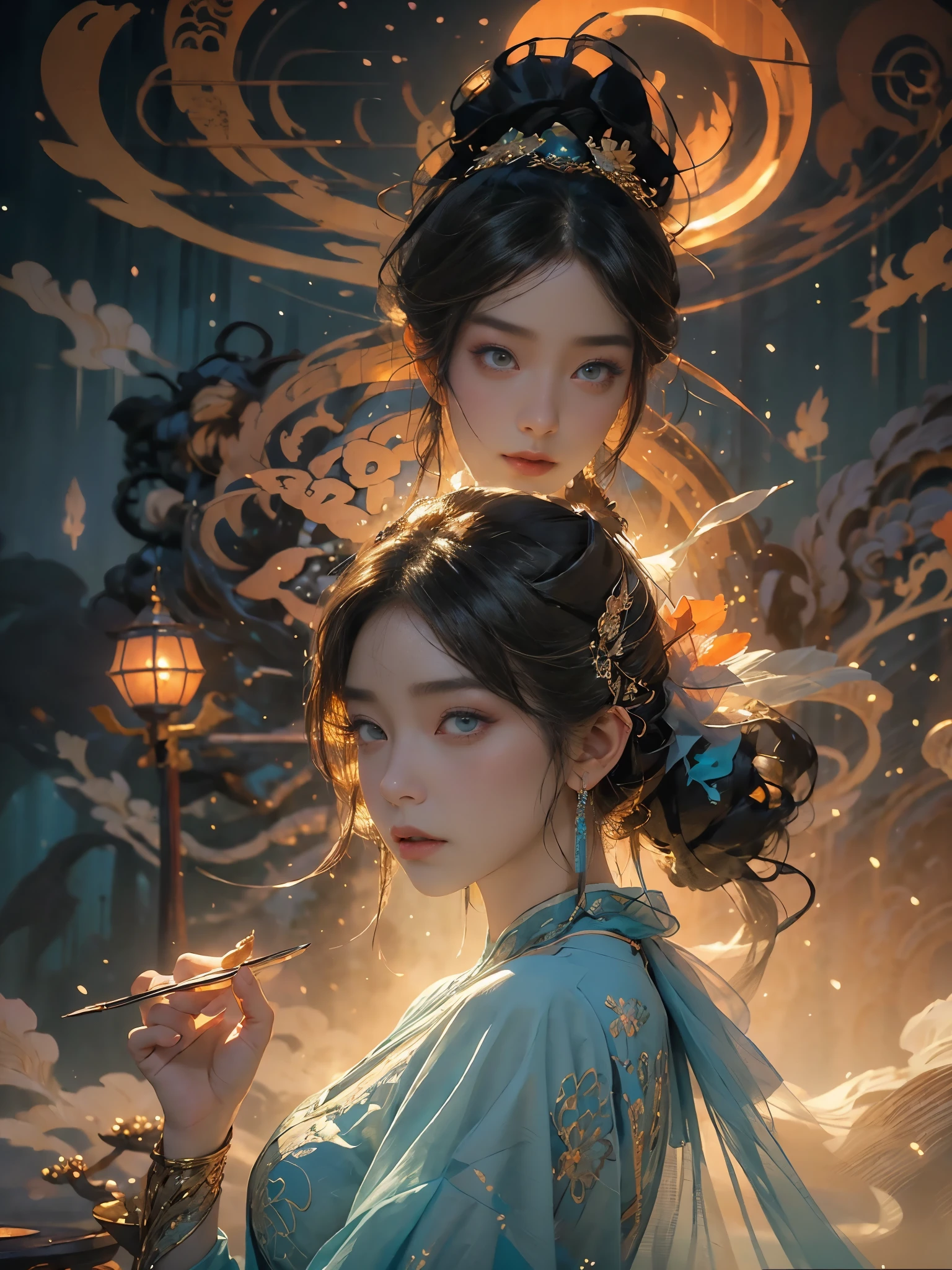 Delicate face, delicate eyes，The mythical story of Nuwa mending the sky，Chinese Myths and Stories，She refined five-colored stones to repair the sky。Deep background，absurd，marvelous，incredible，epic composition，(Intricate details，Super detailed:1.2)，Super real photos, epic般的现实主义, ((Neutral Color)),(Pastel colors:1.2), Surrealism, + Movie鏡頭 + dynamic composition, Extremely detailed, Sharpen, Movie, Warm lamps, Lighting Effects, Dramatic light, (Intricate details:1.1), Complex background, (Greg Rutkowski:0.8), (Cyan and Orange:0.3），epic,