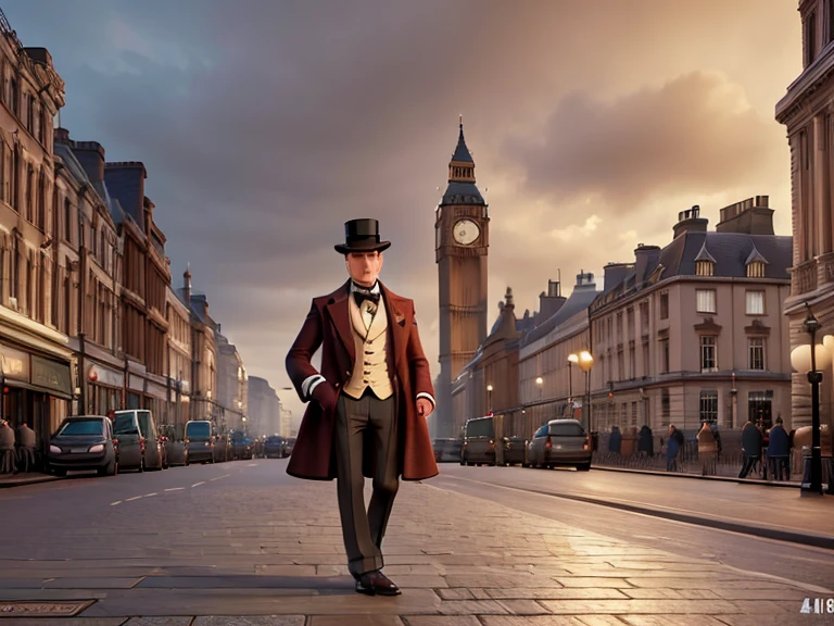 a man in a top hat and pipe, big ben in the background, london street, victorian era, ornate architecture, cobblestone road, gaslit lamps, foggy atmosphere, overcast sky, detailed realistic digital painting, cinematic lighting, warm color tones, masterpiece, (best quality,4k,8k,highres,masterpiece:1.2),ultra-detailed,(realistic,photorealistic,photo-realistic:1.37)