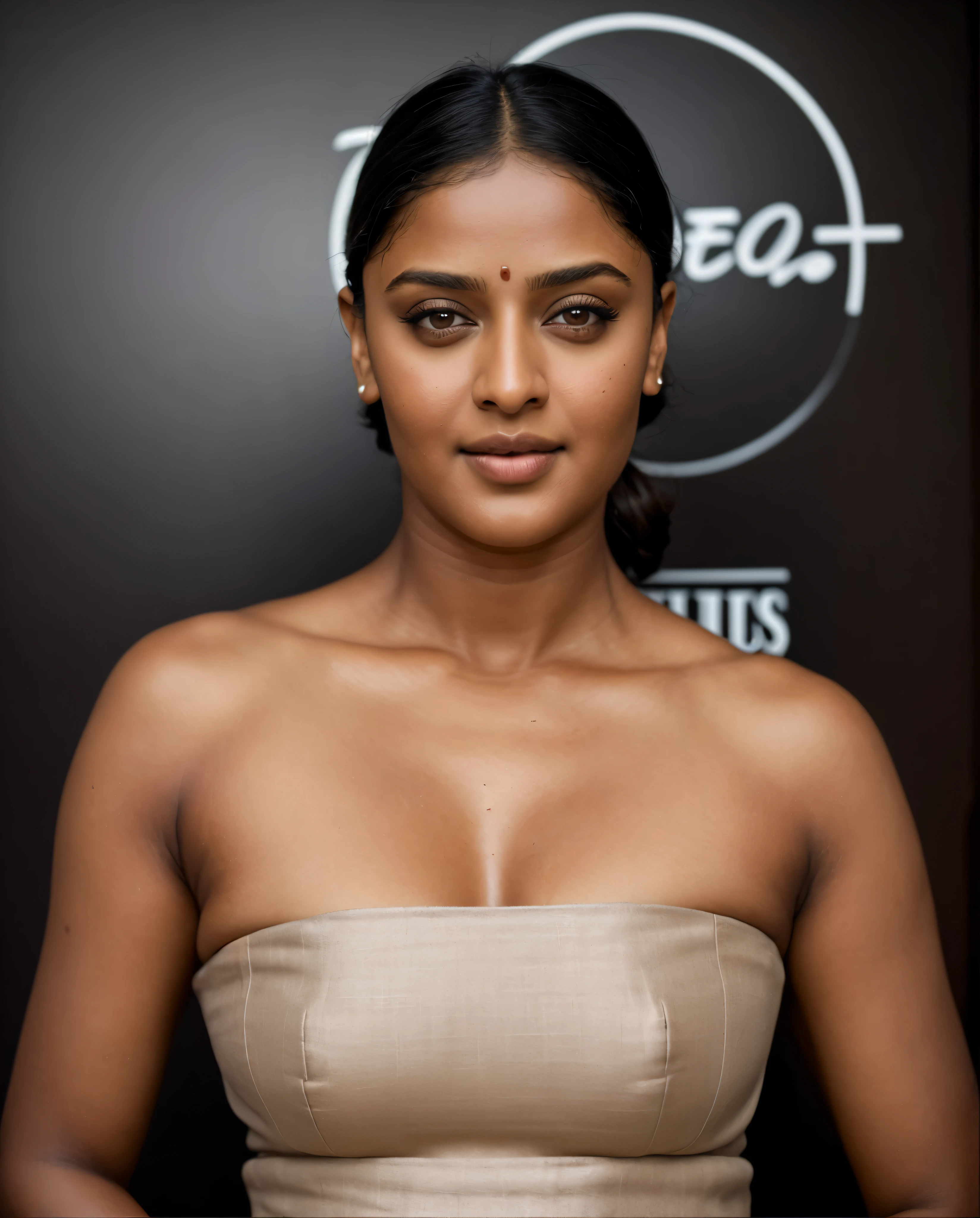 Looks like Anushka Shetty, a photo portrait of a beautiful girl 40 years old, with curls, styled black hair, (face portrait:1.5), dramatic light, Rembrandt lighting scheme, bust shot, linen tank top , top quality editorial photograph, skin texture, skin pores, chocolate skin, high quality skin, top quality photography, professional photography, professional retouching, insane detailing, warm moody tones, modern clothes,