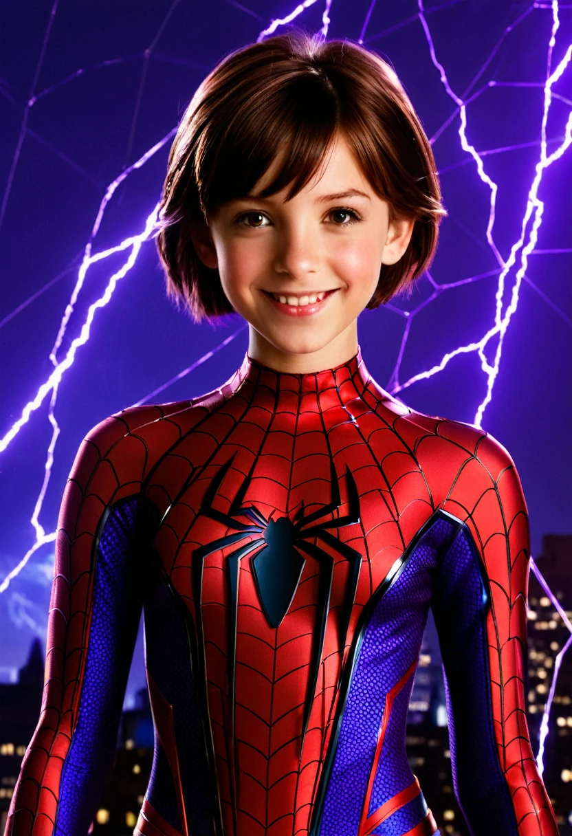 Young girl, short brown hair, purple eyes, Spider-Man 2099 shape, smile, cobweb, lightning, masterpiece, high quality