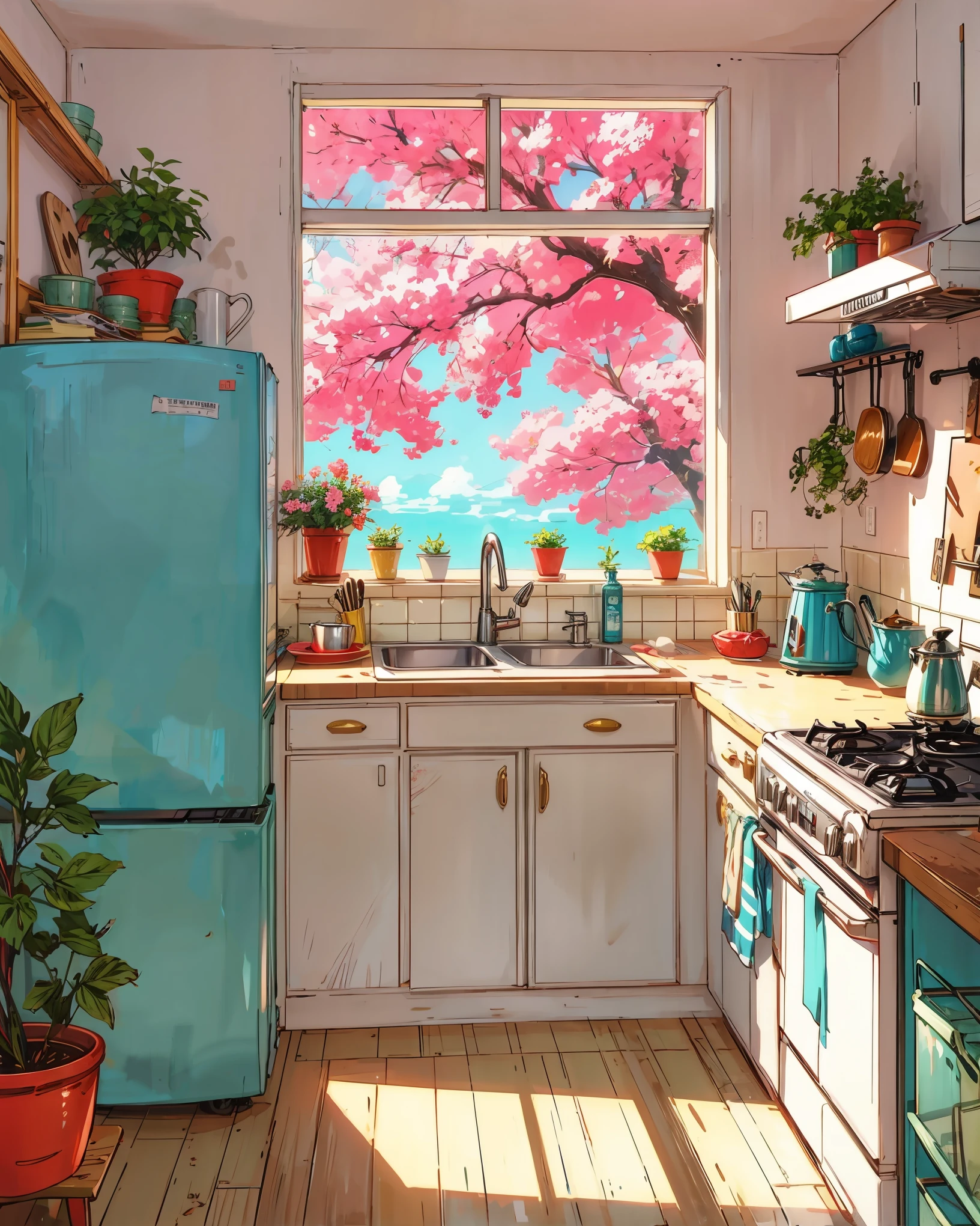 a painting of a kitchen with a cherry tree in the window, cute kitchen, anime asthetic, kitchen background, house kitchen on a sunny day, aesthetic award winning anime, kitchen, ghibli studio style, anime. by makoto shinkai, maison ikkoku, by Edward Okuń, studio ghibli aesthetic, studio ghibli color cheme, anime aesthetic, ghibli artstyle, HD, UHD, HDR, 32 K