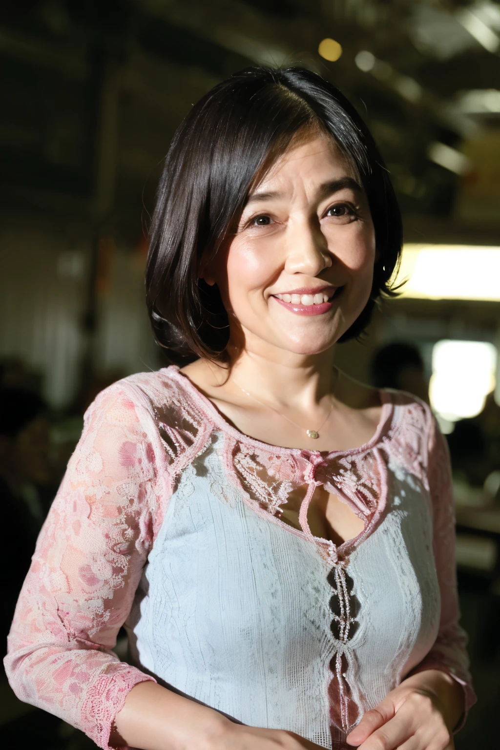 最high quality, In 8K, Masseter muscle area, Lifelike, Sharp focus, high quality, High resolution, Detailed face, Detailed eyes, Thick lips, (Look at the viewers), solo, Middle-aged women, , 60 years old, , Wavy Hair, Cleavage, Wearing a plain short-sleeved knit, Afternoon in front of the park garden, Wrinkles around the eyes, Toothy smile