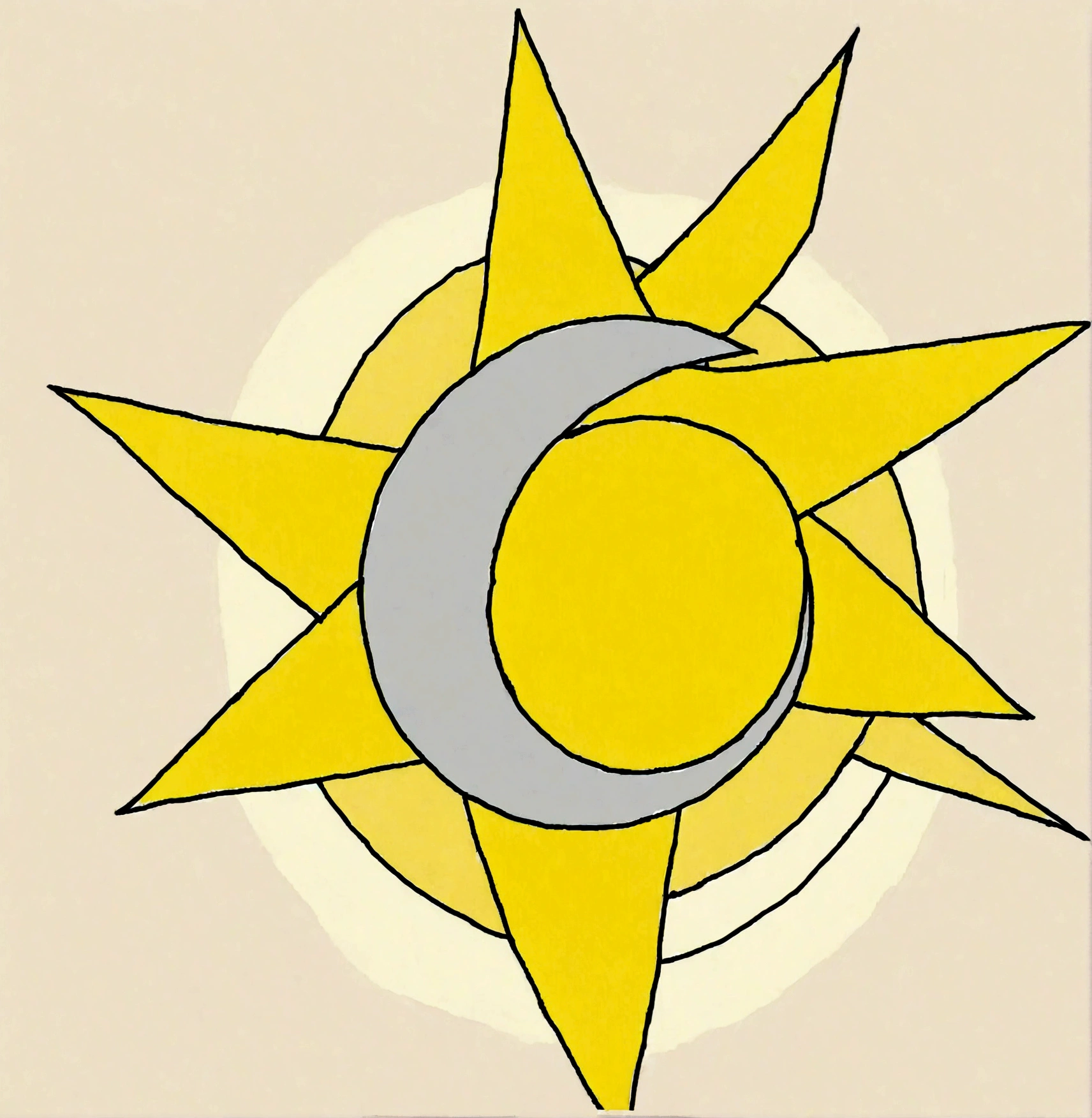Create an image of a stylized sun and moon partially overlapping. The sun should be represented by a yellow circle in the center with eight yellow triangular rays evenly distributed around it, forming an eight-pointed star shape. The moon should be depicted as a gray crescent overlapping the left side of the sun's central circle. The right edge of the crescent should follow the curvature of the sun's circle, while the left edge forms the curved shape of the crescent. The overall dimensions should make the sun's total diameter, including the rays, approximately twice the diameter of the central circle. The moon should cover about one-third of the sun's central circle, with the narrow tip of the crescent pointing to the right and the wider part to the left.