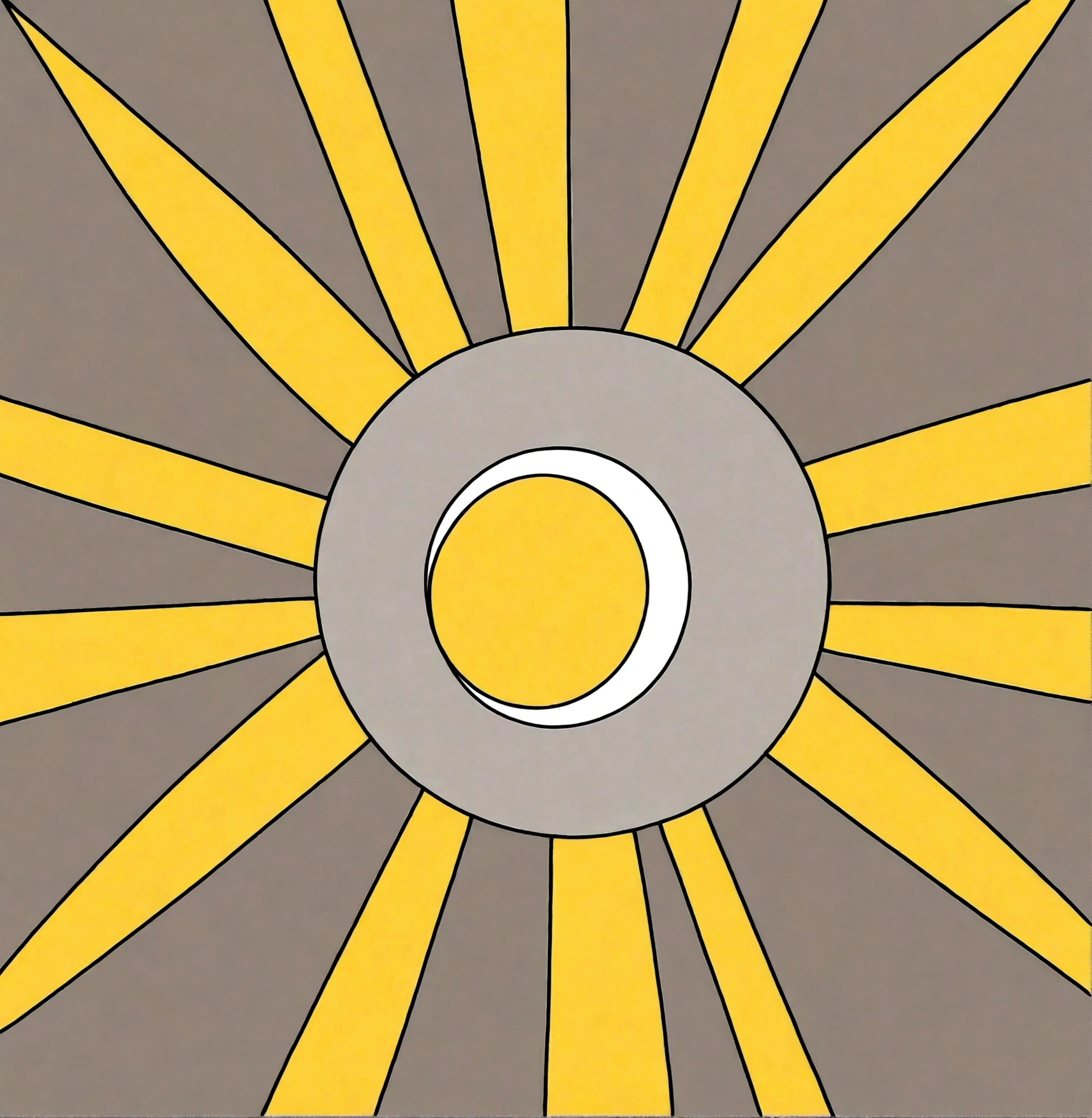 Create an image of a stylized sun and moon partially overlapping. The sun should be represented by a yellow circle in the center with eight yellow triangular rays evenly distributed around it, forming an eight-pointed star shape. The moon should be depicted as a gray crescent overlapping the left side of the sun's central circle. The right edge of the crescent should follow the curvature of the sun's circle, while the left edge forms the curved shape of the crescent. The overall dimensions should make the sun's total diameter, including the rays, approximately twice the diameter of the central circle. The moon should cover about one-third of the sun's central circle, with the narrow tip of the crescent pointing to the right and the wider part to the left.