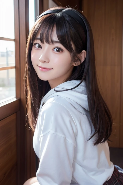 8K、Detailed Description、Very high definition、Realistic、reality的、Real、live-action、reality、High resolution、Nogizaka46、japanese idol,beautiful girl、21 years old、Dark brown eyes、Japan、Residential Street、sunny、smile, closed mouth,Long Hair、Headband、Knee-up-top angle of view、Back view、look back、hoodie、moe sleeves,Long skirt、Very black hair、pretty girl、Beauty、Glowing Skin、Glowing Skin、Shiny Hair、Very white skin、Heavy makeup、Large Breasts、Slit eyes、Big Eyes、Double eyelids、Don&#39;t show your teeth、