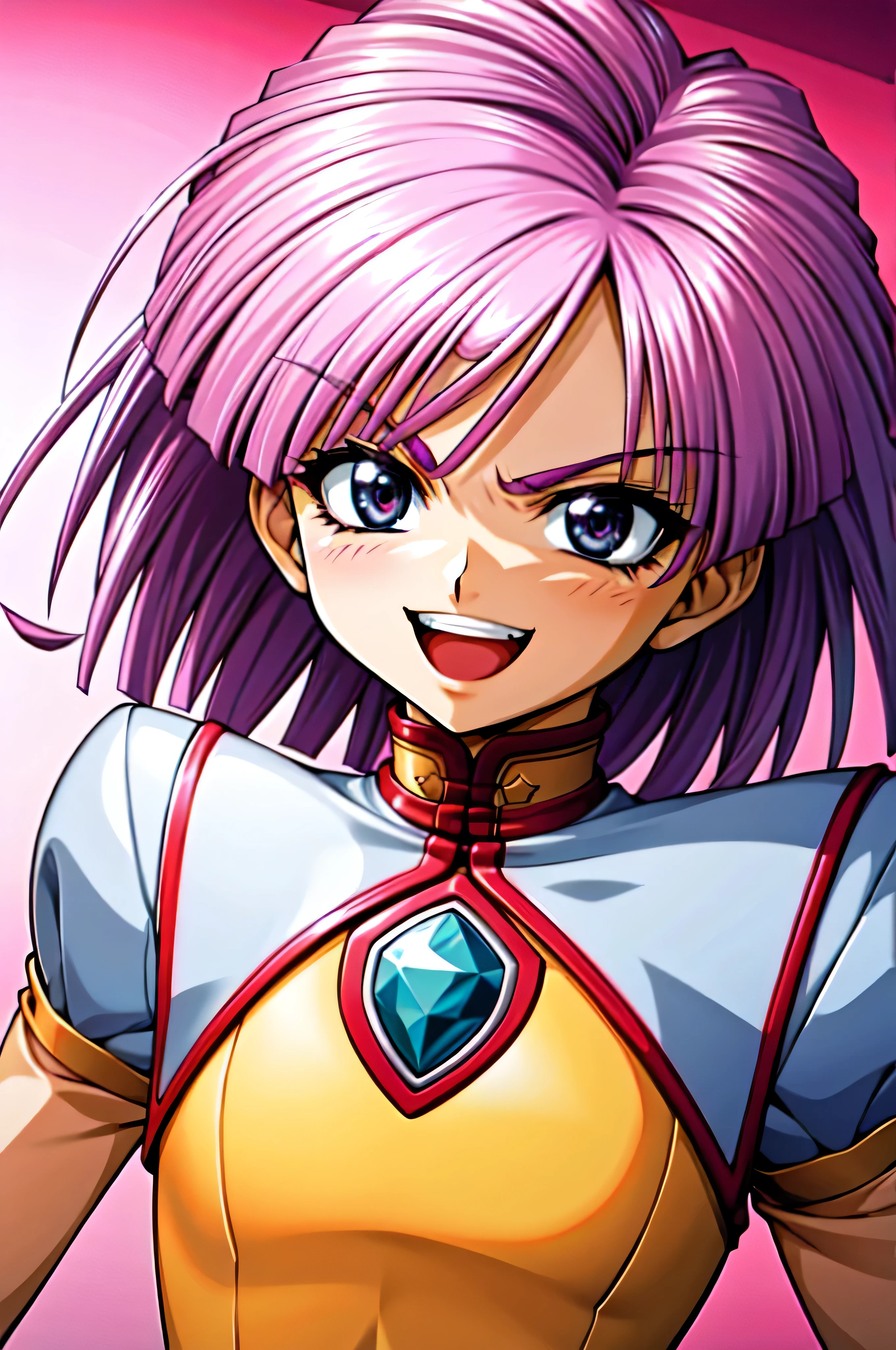(best_quality 4K, 8K, High resolution, Masterpiece: 1.2), ultra detailed),from_below,(anime_screencap),(1girl,solo),dynamic_angle,very evil_smile worst,very evil laugh at,tis,shadeded_face,very sadistic,smile worst,,bob short hair,,black and pink background,looking at viewer,