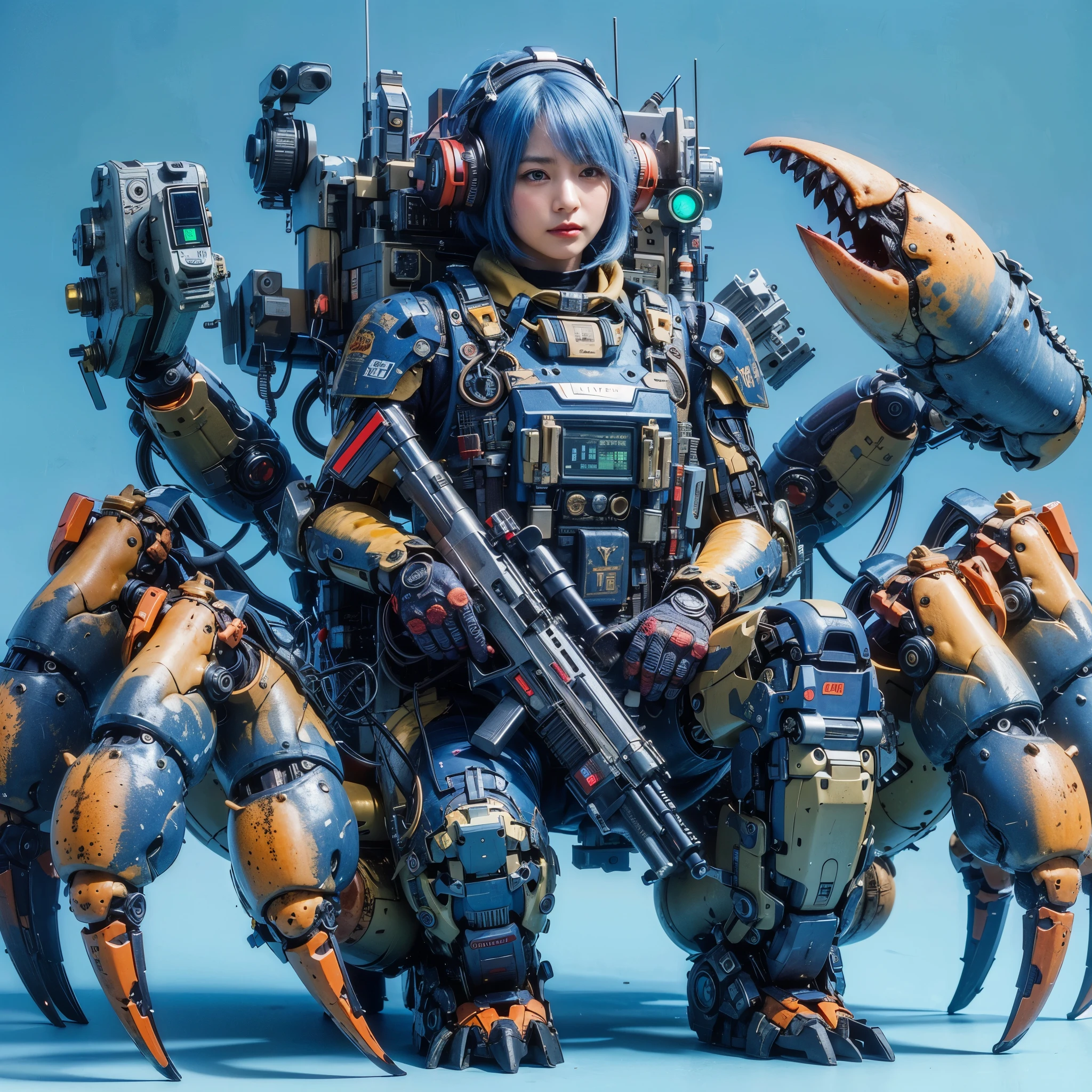 ultra high res,8k,(Photorealsitic:1.4), (orge-like mechanical suit:1.2), designed by Hajime Katoki,heavy weapons,vivid textures,animal legs, gradation hair, japanese female soldier,(ultra beautiful face),((super realistic all textures)), ((super intricate all details)), full body shot, ultra sharp photo result, Acrylic Clear Cover, Hydraulic cylinder, style, taken with Fuji film X-T30+Nokton. HDR10,Minimum of 4 pieces created
