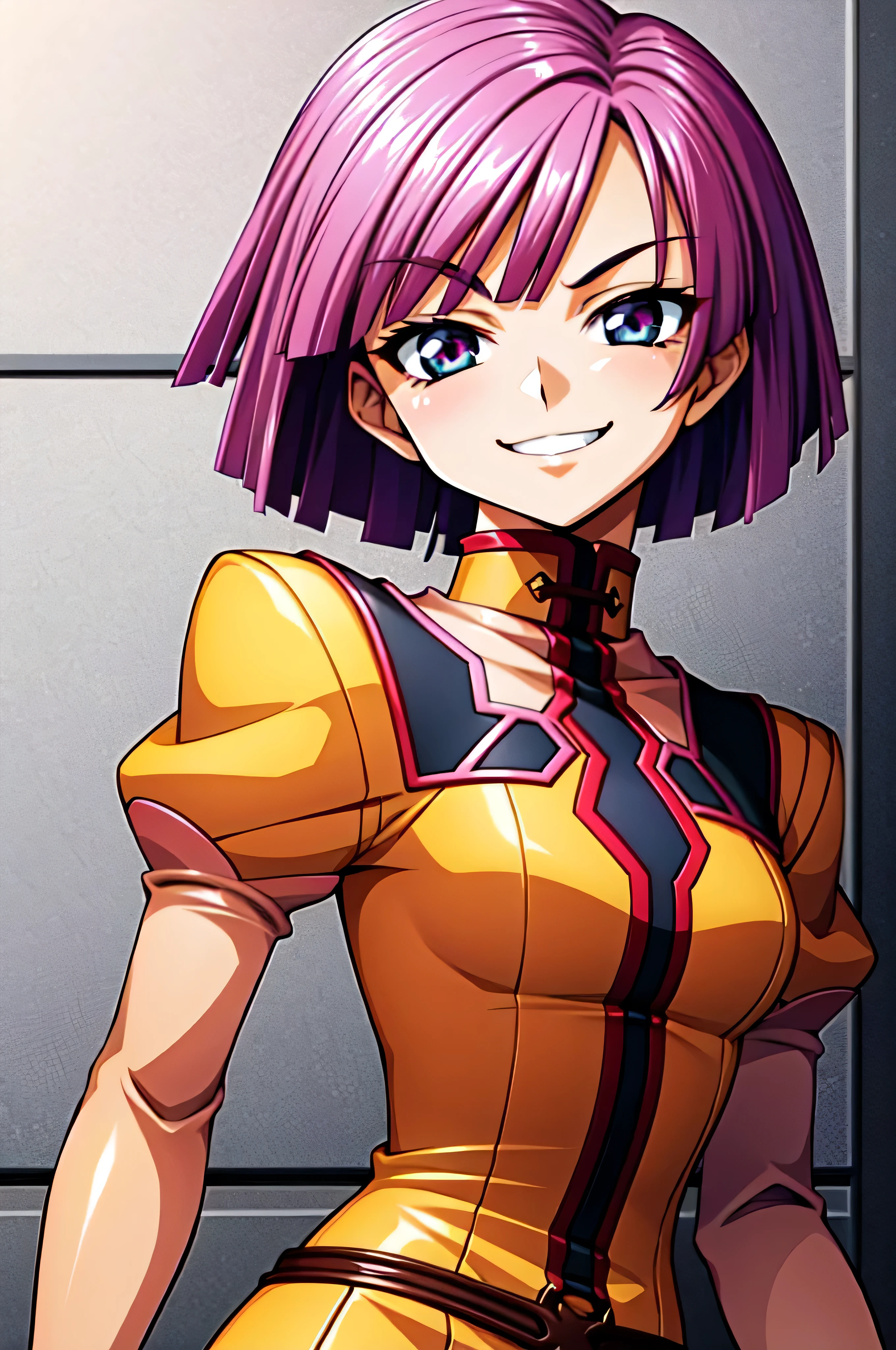 (best_quality 4K, 8K, High resolution, Masterpiece: 1.2), ultra detailed),from_below,(anime_screencap),(1girl,solo),dynamic_angle,very evil_smile worst,very evil laugh at,tis,shadeded_face,very sadistic,smile worst,,bob short hair,,black and pink background,looking at viewer,