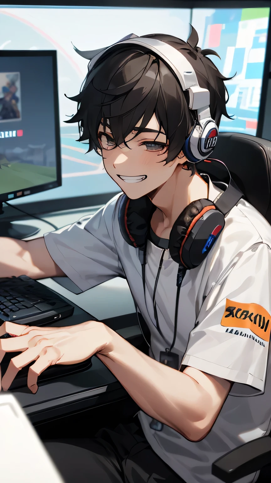 Face close-up,One boy，Adult，Tired look，Grin,highest quality，employee，Facial details，Headphones on neck,Grin,sit in front of the computer and play games, Esports Room