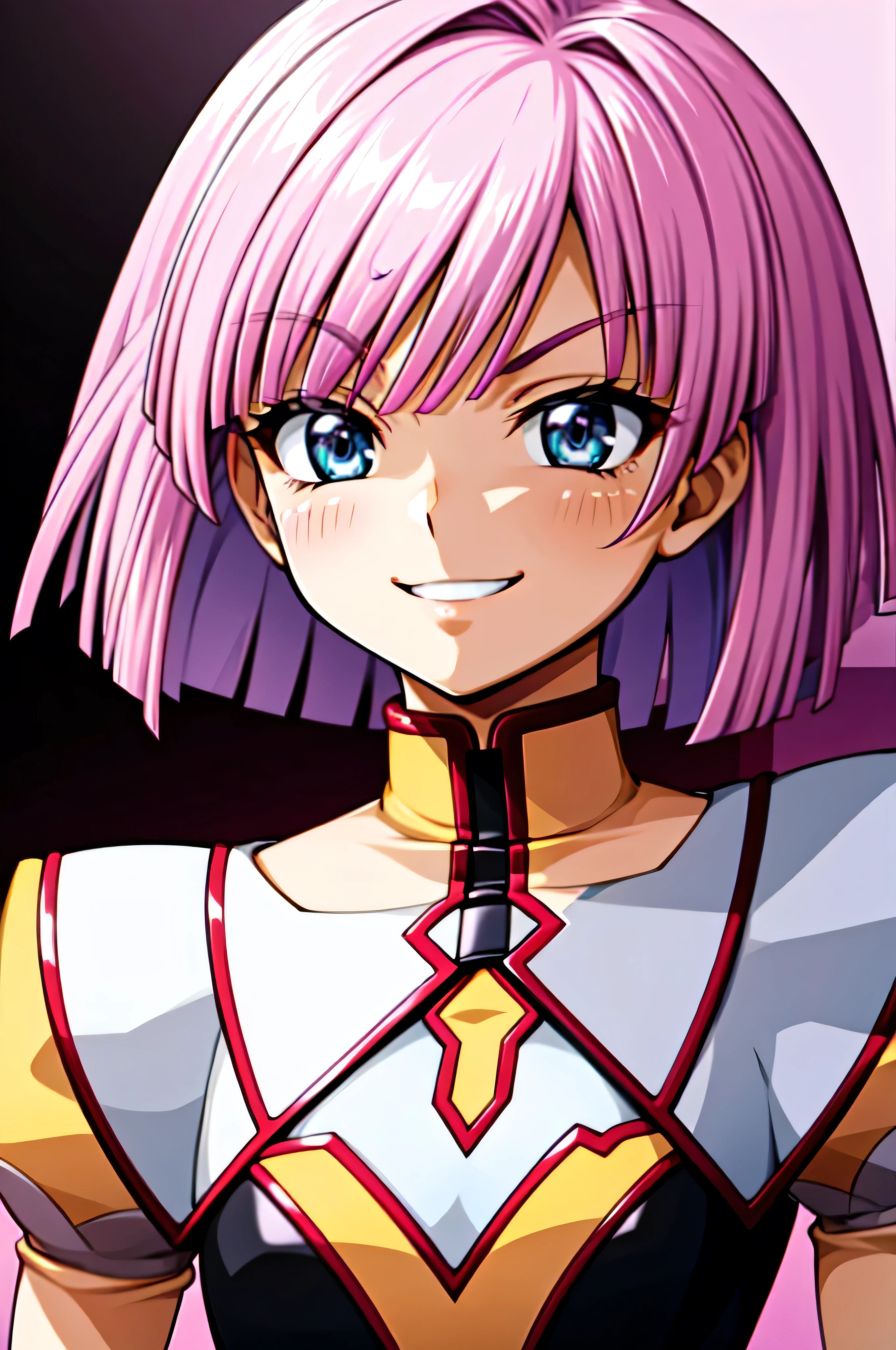 (best_quality 4K, 8K, High resolution, Masterpiece: 1.2), ultra detailed),from_below,(anime_screencap),(1girl,solo),dynamic_angle,very evil_smile worst,very evil laugh at,tis,shadeded_face,very sadistic,smile worst,,bob short  hair,,black and pink background,looking at viewer,