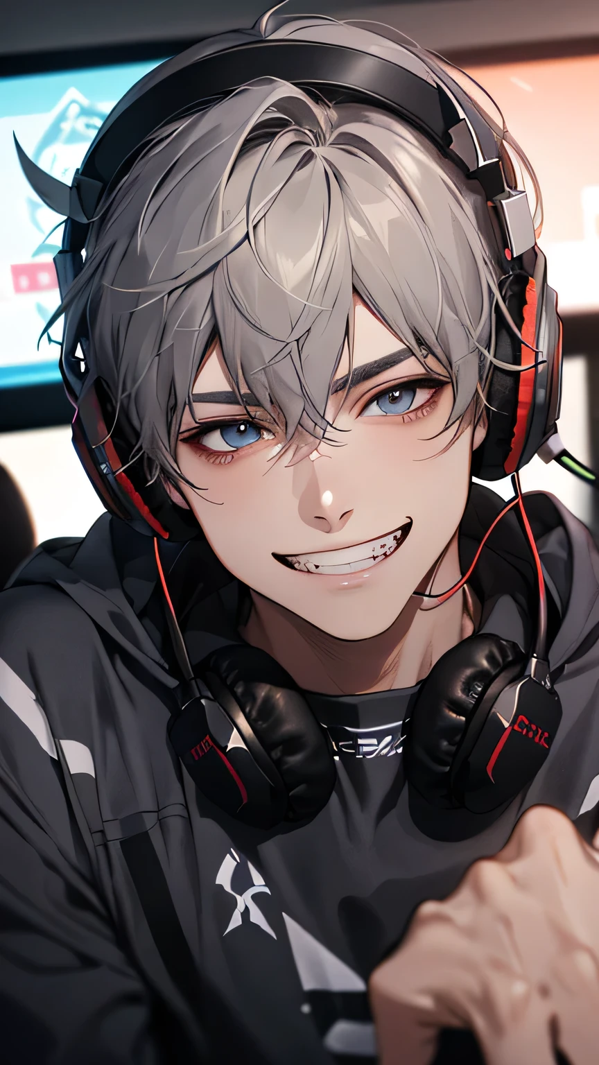 Face close-up,One boy，Adult，Tired look，Grin,highest quality，employee，Facial details，Headphones on neck,Grin,sit in front of the computer and play games, Esports Room
