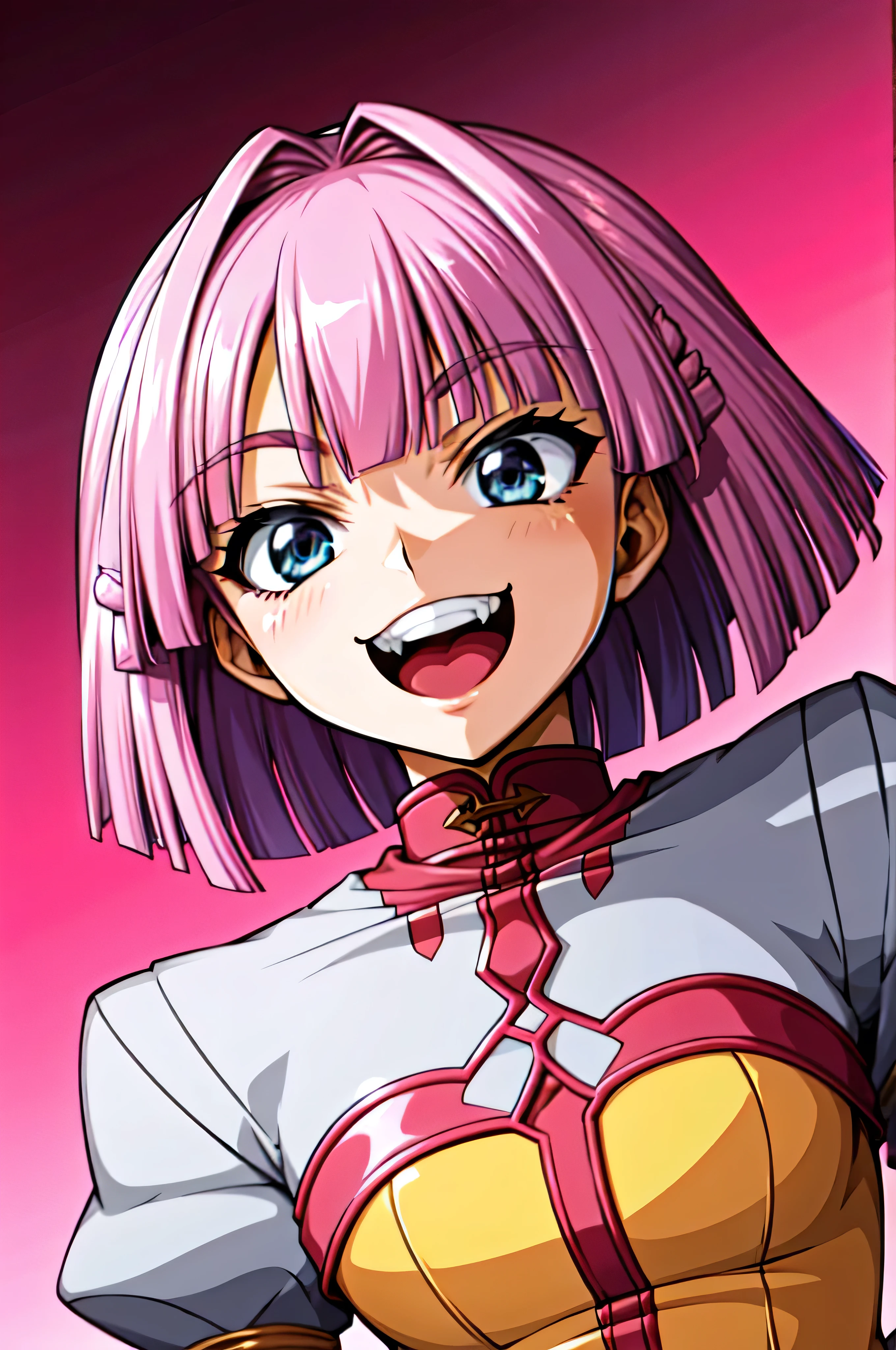 (best_quality 4K, 8K, High resolution, Masterpiece: 1.2), ultra detailed),from_below,(anime_screencap),(1girl,solo),dynamic_angle,very evil_smile worst,very evil laugh at,tis,shadeded_face,very sadistic,smile worst,,bob short hair,,black and pink background,looking at viewer,
