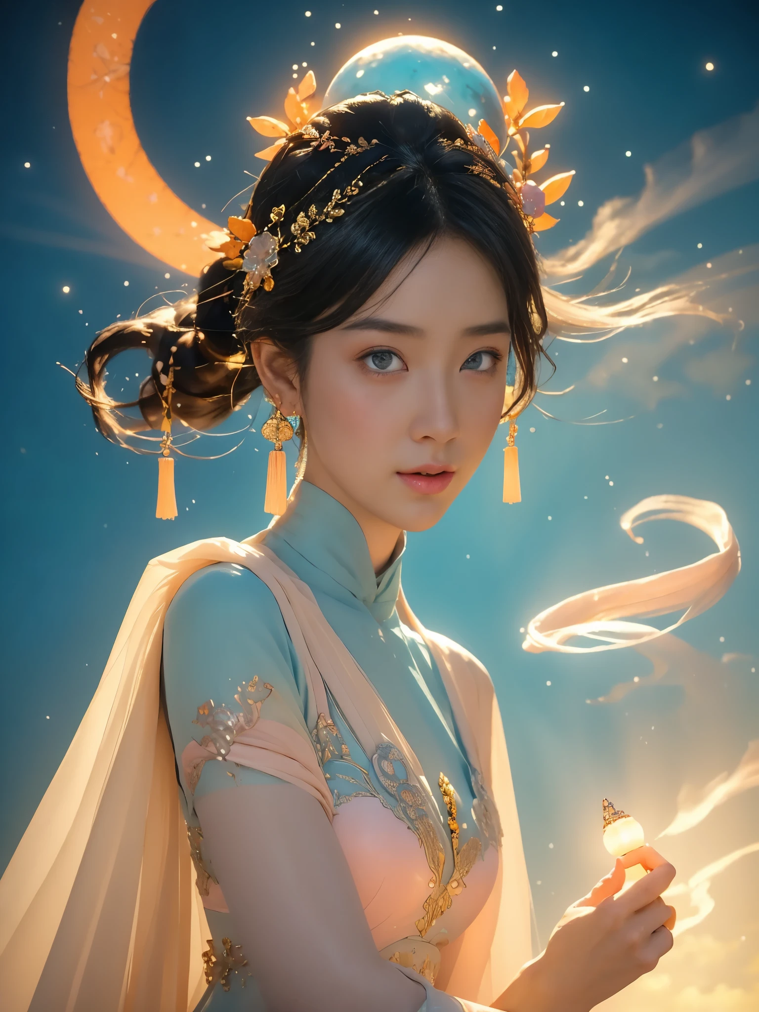 Delicate face, delicate eyes，The mythical story of Nuwa mending the sky，Chinese Myths and Stories，She refined five-colored stones to repair the sky。Deep background，absurd，marvelous，incredible，epic composition，(Intricate details，Super detailed:1.2)，Super real photos, epic般的现实主义, ((Neutral Color)),(Pastel colors:1.2), Surrealism, + Movie鏡頭 + dynamic composition, Extremely detailed, Sharpen, Movie, Warm lamps, Lighting Effects, Dramatic light, (Intricate details:1.1), Complex background, (Greg Rutkowski:0.8), (Cyan and Orange:0.3），epic,