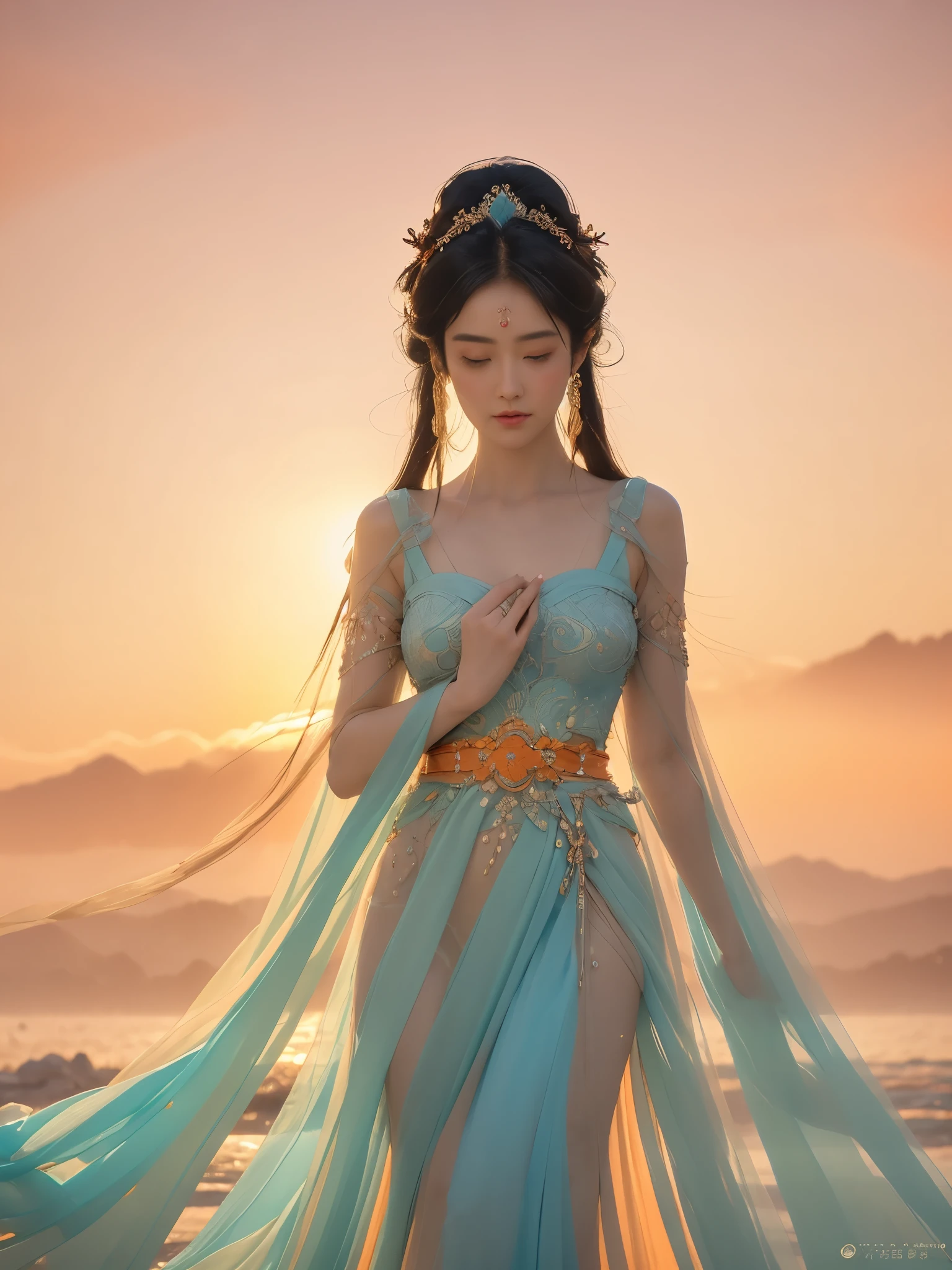 Delicate face, delicate eyes，The mythical story of Nuwa mending the sky，Chinese Myths and Stories，She refined five-colored stones to repair the sky。Deep background，absurd，marvelous，incredible，epic composition，(Intricate details，Super detailed:1.2)，Super real photos, epic般的现实主义, ((Neutral Color)),(Pastel colors:1.2), Surrealism, + Movie鏡頭 + dynamic composition, Extremely detailed, Sharpen, Movie, Warm lamps, Lighting Effects, Dramatic light, (Intricate details:1.1), Complex background, (Greg Rutkowski:0.8), (Cyan and Orange:0.3），epic,