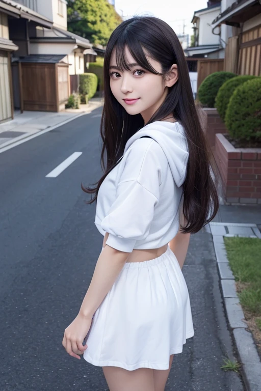 8K、Detailed Description、Very high definition、Realistic、reality的、Real、live-action、reality、High resolution、Nogizaka46、japanese idol,beautiful girl、21 years old、Dark brown eyes、Japan、Residential Street、sunny、full body,smile, closed mouth,Long Hair、Headband、Knee-up-top angle of view、Back view、look back、hoodie、moe sleeves,Long skirt、Very black hair、pretty girl、Beauty、Glowing Skin、Glowing Skin、Shiny Hair、Very white skin、Heavy makeup、Large Breasts、Slit eyes、Big Eyes、Double eyelids、Don't show your teeth、