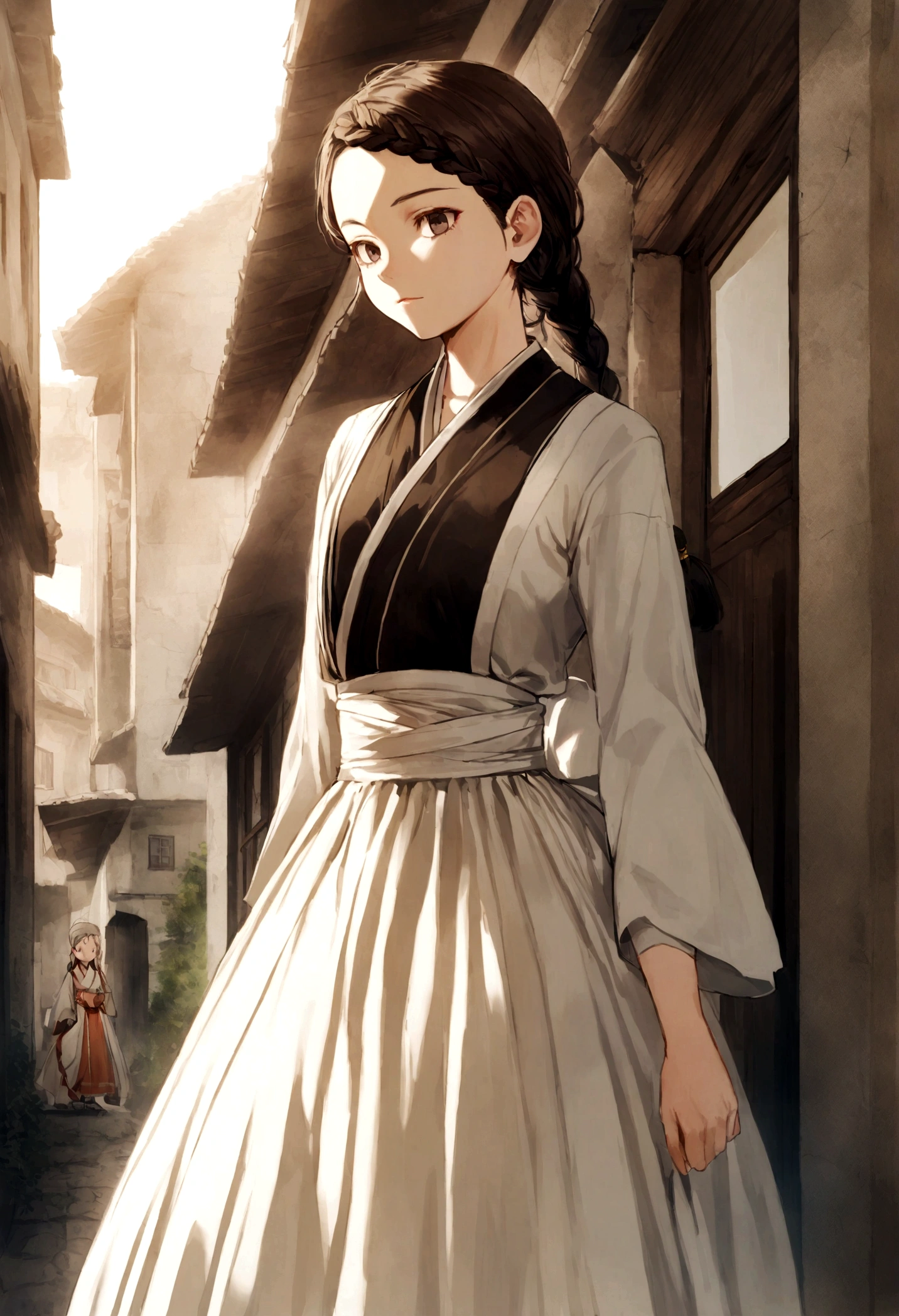 1 garota,pernas,a girl at building,(((building))), braided bangs,braided ponytail,(Sozinho:1.2),apron,coxas grossas,calcinha de amarrar lateral, Careca, 16 anos,olhando para o espectador, luz solar,Hanfu,