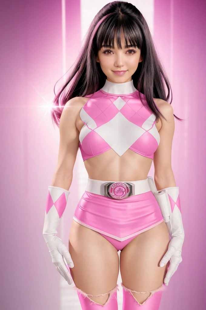 1 cute woman, 25 year old , (long dark hair with cute fringe),(PinkRanger), ripped clothes, topless, (solo) (tight magenta bodysuit), (mini skirt), pink leggings, white belt, white gloves with pink diamond design, (white boots with pink diamond design), (small breasts), smiling at the viewer,( sunny tokyo background:1.2), vibrant colors
