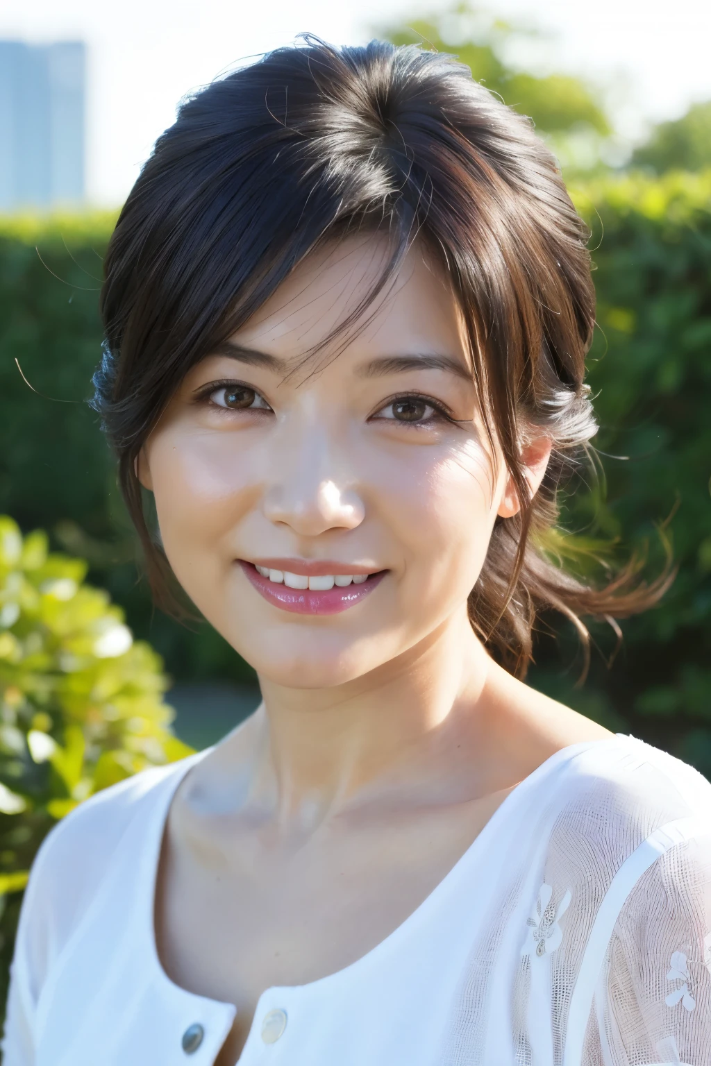 最high quality, In 8K, Masseter muscle area, Lifelike, Sharp focus, high quality, High resolution, Detailed face, Detailed eyes, Thick lips, (Look at the viewers), solo, Middle-aged women, , 60 years old, , Wavy Hair, Cleavage, Wearing a plain short-sleeved knit, Afternoon in front of the park garden, Wrinkles around the eyes, Toothy smile