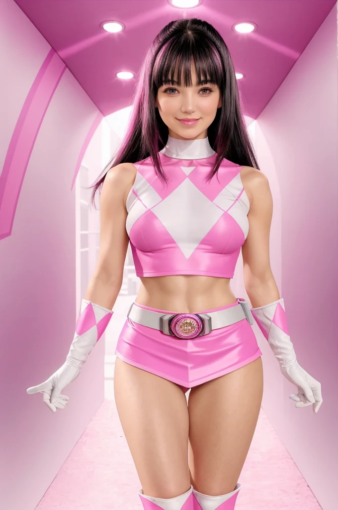 1 cute woman, 25 year old , (long dark hair with cute fringe),(PinkRanger), ripped clothes, topless, (solo) (tight magenta bodysuit), (mini skirt), pink leggings, white belt, white gloves with pink diamond design, (white boots with pink diamond design), (small breasts), smiling at the viewer,( sunny tokyo background:1.2), vibrant colors