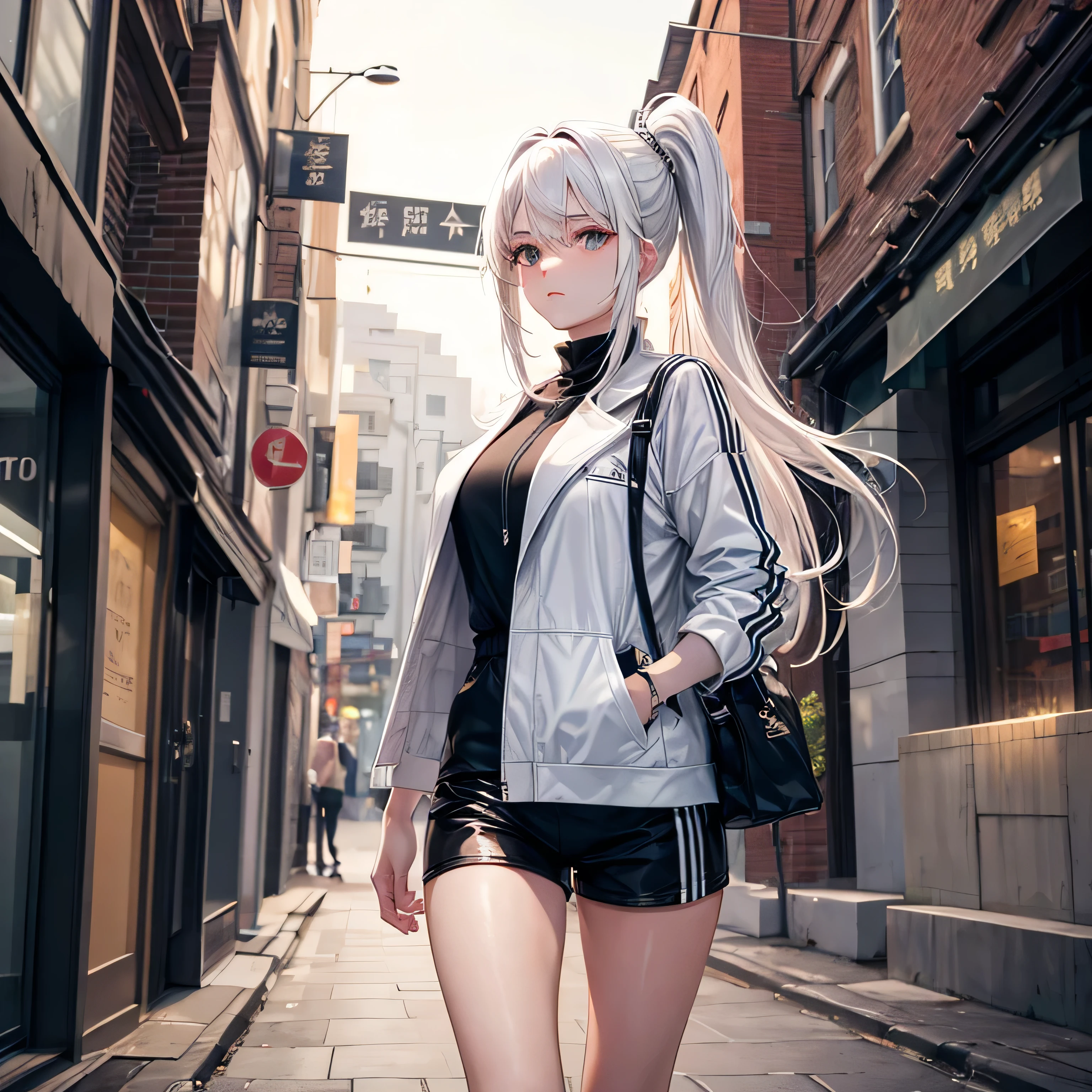 White hair
Sporty appearance

She walks elegantly
Background shows a street at night
Wearing brief clothing