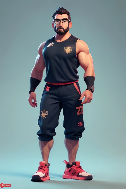 （（tmasterpiece）），（（（best qualtiy））），（CharacterDesignSheet，Same role，frontage，Lateral face，on  back），araffe com barba e bigode segurando um espeto de carne, musculoso, big butcher man posing scarily, papai que, corpo robusto e encorpado, Personagem 3D, Personagem 3D, Rasputin como personagem Grubhub, Atarracado, 3 d character render, um personagem baseado em um haggis, macho, muscular character ，solo，Short black ，tmasterpiece，best qualtiy，looking around a corner，full bodyesbian，A detailed，ssmile，sport outfit，Wearing a black sports vest，Glasses as an accessory，charturnbetalora，concept-art，concept art of character，Character sketches，reference sheet，Role table，（simplebackground，white backgrounid： 1.3)