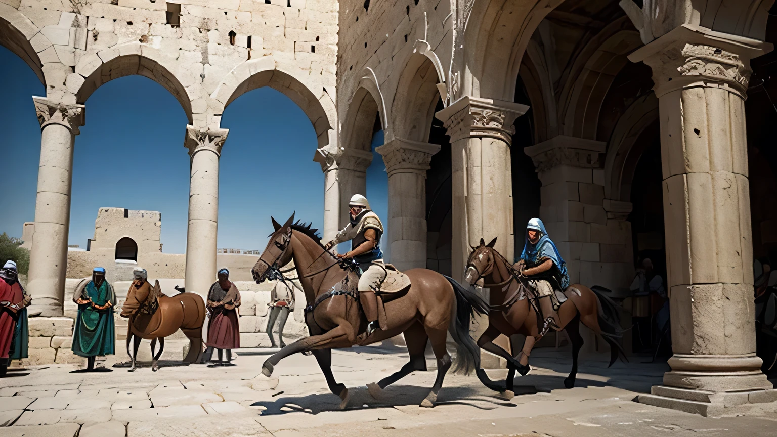 Saul of Tarsus, riding a horse, along with some Roman soldiers, persecuting Christians in ancient Jerusalem
