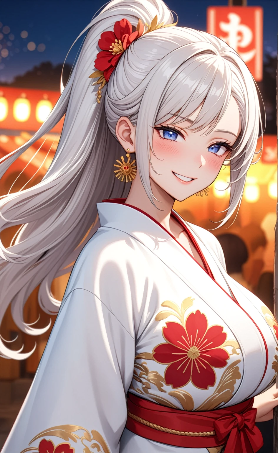 ((one personの女性)), Beautiful Face,Laughing embarrassedly,((Wink:2.0)),(Bright red cheeks),Glossy pink lips,night,Festival stalls on the riverbank,firework,((Anime style background)),masterpiece, highest quality, so beautiful, Latest, Complex details, (Pink long nails),AI-generated, Complex,High resolution, highest quality, super high quality,3D Images、View your viewers、3D Images,one person,Long white hair,High Ponytail,blue eyes,Anime woman posing for a photo, ((Fine grain、Colorful eyes、Shining Eyes)),(Squint your eyes:1.1),a hyperRealistic , hyperRealistic , Realistic,Anime woman with long and white hair, Smooth anime CG art, A woman in a colorful kimono with gold embroidery, (White kimono),Red floral pattern,Long flower hair ornament,Big earrings,Mature Body,(Big Breasts:1.2),Tall,Big Ass,Fine details,Narrow waist,Tilt your face,(Face close-up:1.5),(wave hands)