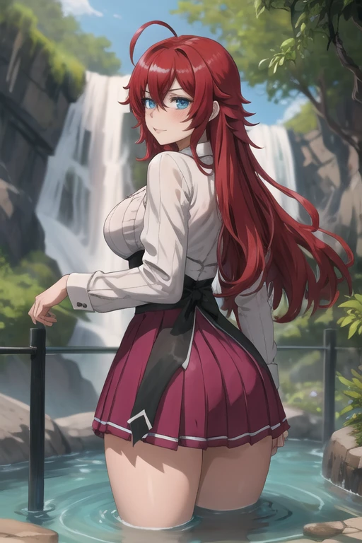 ((masterpiece, best quality)), insaneres, absurdres, solo, looking at viewer, 
ANIME_DxD_Rias_Gremory_ownwaifu, 
1girl, bangs, long hair, red hair, breasts, large breasts, rias gremory, blue eyes, hair between eyes, very long hair, collarbone, hair intakes,  hair over breasts, 
black capelet, black corset, collared shirt, kuoh academy , layered skirt, underbust, , skirt, shirt, long sleeves, purple skirt, ribbon, miniskirt, neck ribbon, thighhighs, black ribbon, 
(wading, looking back), waterfall, depth of field, vanishing point, garden, sidelighting,