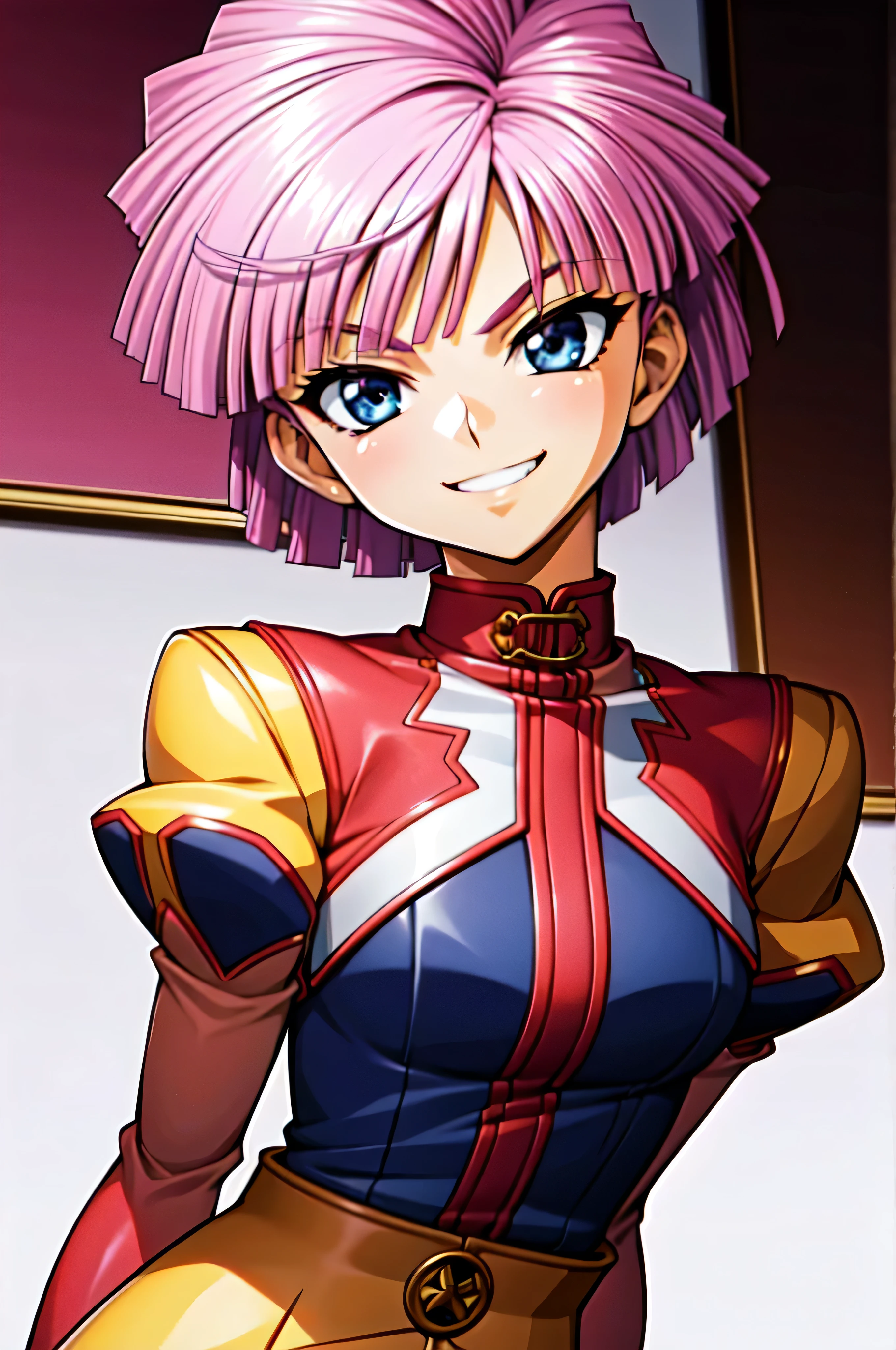 (best_quality 4K, 8K, High resolution, Masterpiece: 1.2), ultra detailed),from_below,(anime_screencap),(1girl,solo),dynamic_angle,very evil_smile worst,very evil laugh at,tis,shadeded_face,worst sadistic,smile worst,,bob short hair,,black and pink background,looking at viewer,