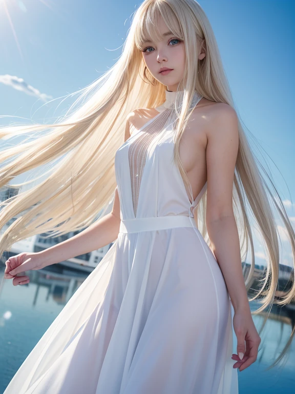 Single girl, , blue sky, bright and very beautiful face, young and shiny white shiny skin, best good looks, blonde hair with dazzling reflection of light, beautiful platinum blonde super long silky straight hair shiny shiny, long bangs, tremendously beautiful , big eyes that shine transparent light blue, beautiful wonderful beautiful girl