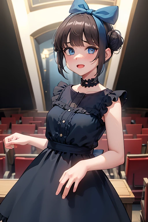 (masterpiece), best quality, expressive eyes, perfect face, solo, 1girl, dark black brown short hair, bangs, head bun, blue eyes, wide open surprised eyes, frown, smiling, open mouth, blue headband bow, light blue dress, cowboy shot, pinting viewer, low_angle_human, theater scenery