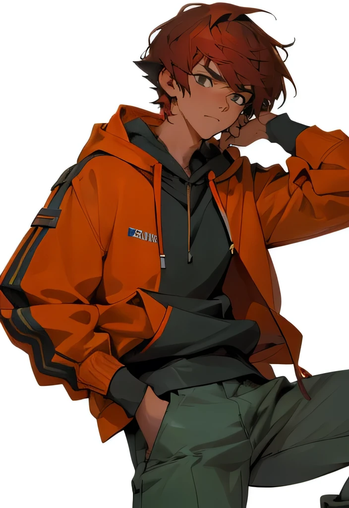 ((masterpiece)), (best quality), (absurdres), (photorealistic:1.4), 1girl, handsome girl, guyish ((flat body)) auburn red hair, , hoodie with motor sports jacket , (tanned skin, tanned male skin), bangs, green eyes, , very short messy boy cut hair, smile, grin, :D, longer face, shirt with hoodie on top, back pants