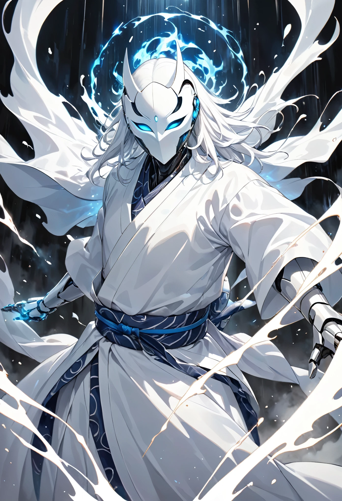 An almost robotic man wearing a completely white mask with holes in the mask, vestido con yukata de color blanco, epic position, HD, ultra detallado, aura de una deidad , artilugio en su cabello, ultra detallado, fondo blanco