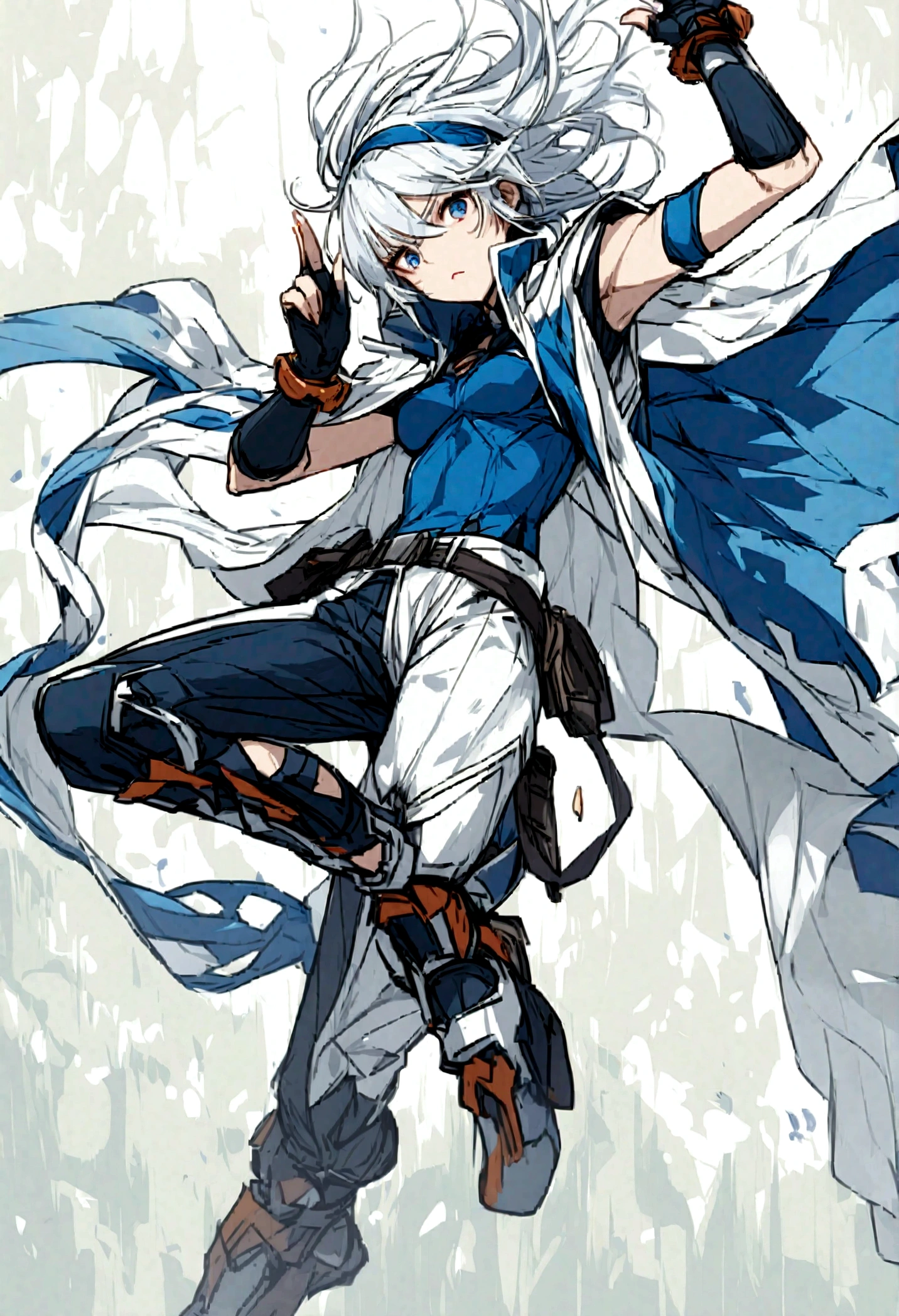 Body and Stance:
Slim and athletic build, often in a dynamic, ready-for-action pose.
Clothing:
Top: Sleeveless, tight-fitting blue top with a high collar and white accents.
Bottom: Dark blue pants that taper at the ankles, with multiple pockets and belts.
Gloves: Fingerless gloves for dexterity.
Shoes: Sporty, functional shoes for agility.
Accessories:
Arm guards: Protective and futuristic-looking.
Belt: Tactical belt holding additional gear.
Face and Hair:
Hair: , messy white hair with a blue headband.
Eyes: Sharp, blue eyes.
Facial Features: Youthful face with sharp, defined features.
Colors and Patterns:
Predominantly blue and white, with sleek, aerodynamic designs.
