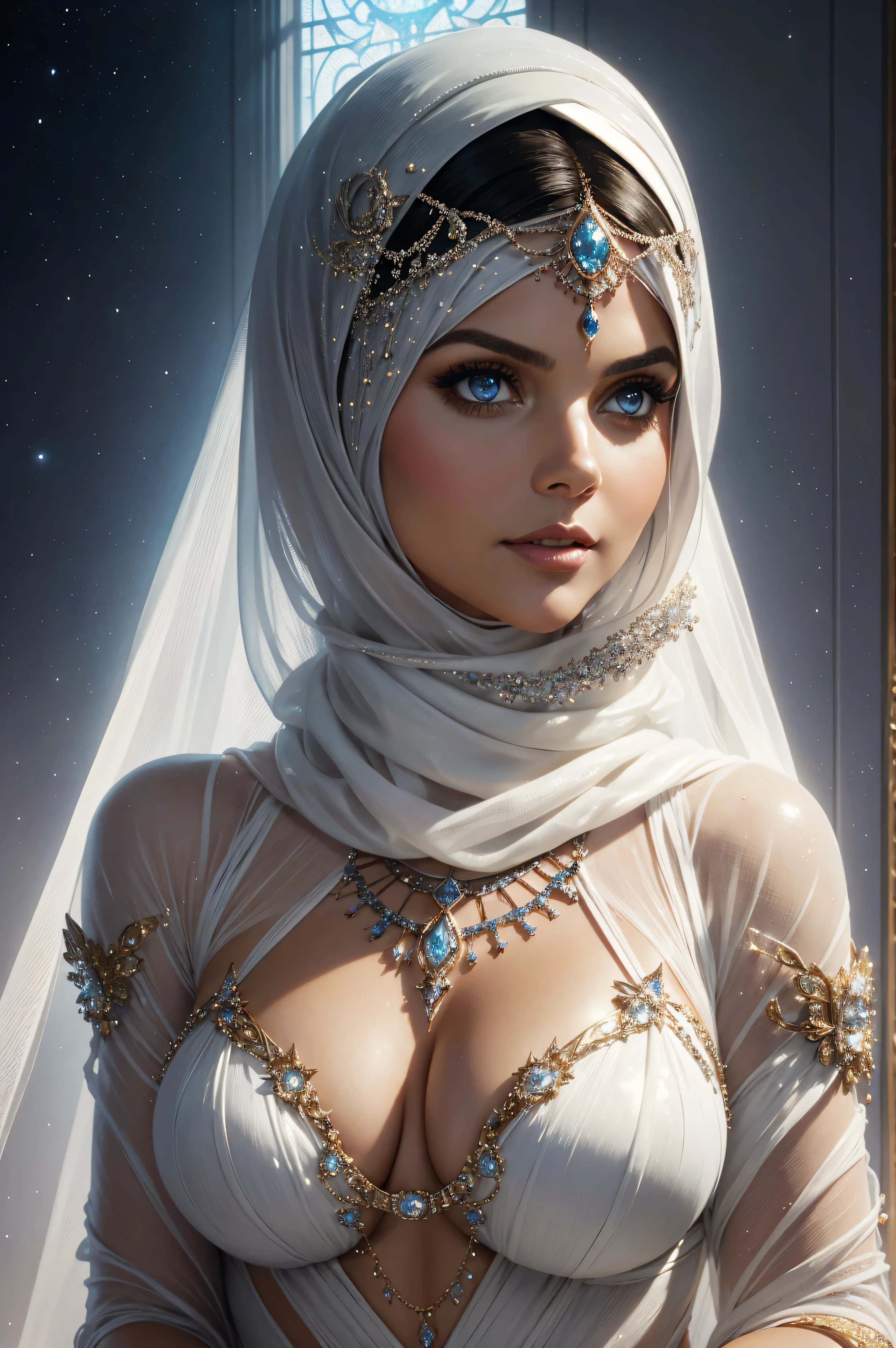 16k, A seksi beautiful portrait Tiffani Thiessen wearing a hijab made of white with jewelry and diamonds as room in rome profile picture by greg rutkowski, dynamic pose, intricate, futuristic, fantasy, elegant, by stanley artgerm lau, greg rutkowski, thomas kindkade, alphonse mucha, loish, norman rockwell