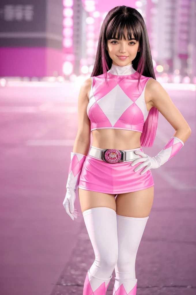 1 cute woman, 25 year old , (long dark hair with cute fringe),(PinkRanger), topless, ripped clothes, (solo) (tight magenta bodysuit), (mini skirt), pink lingery, leggings, white belt, white gloves with pink diamond design, (white boots with pink diamond design), (small breasts), smiling at the viewer,( sunny tokyo background:1.2), vibrant colors