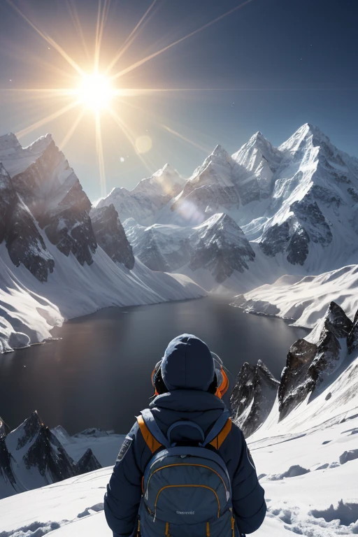 sun comes out from behind snowy mountains, [picture by alexander kucharski]: 1.7, sun explodes in the background, ((creation of god)), profile image 1024px, brightly lit, in the middle of high mountains, best on adobe stock, celestial radiance, himalaya, sun. beautiful, holy, hot and sunny highly detailed, beautiful sunrise
