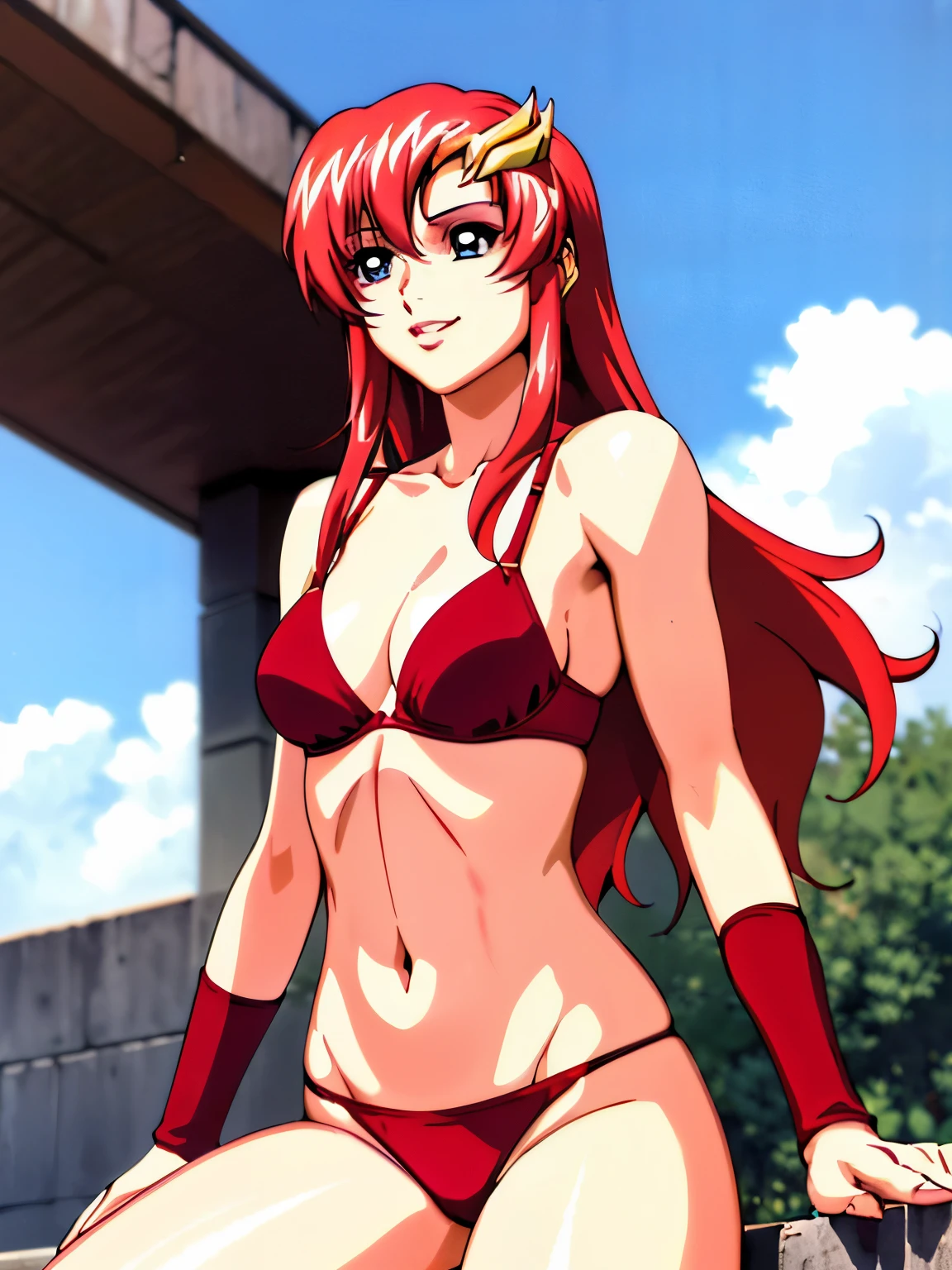 lacus4, (red bikini, running, string thong, thin girl, masterpiece, cowboy shot, very slim shoulders, 4K, Best Quality, Anime style: 1.9, happy, Adult Woman, (ultra detailed head), (Crowd, cloud background), Drawing lines, high resolution, lacus4), 1girl, Solo, curvy figure, clavicle, scapular, (Detailed wide hair bangs, Hair Ornament, Detailed reddish-pink hair, shiny streaks, slim arms, detailed golden crest), cleavage, large hands, (hair cover shoulders). (Big blue eyes, shiny eyes, lip stick), ((female wrestler, (slim body), slim arms, SITTING on wall , thighs)), ((perfect proportions, medium-small breasts, medium thighs, long belly)), ((totally red bra, red arm band, red arm band)), smile with a wink, (standing, hot colors), detailed fingers, (bare shoulders)