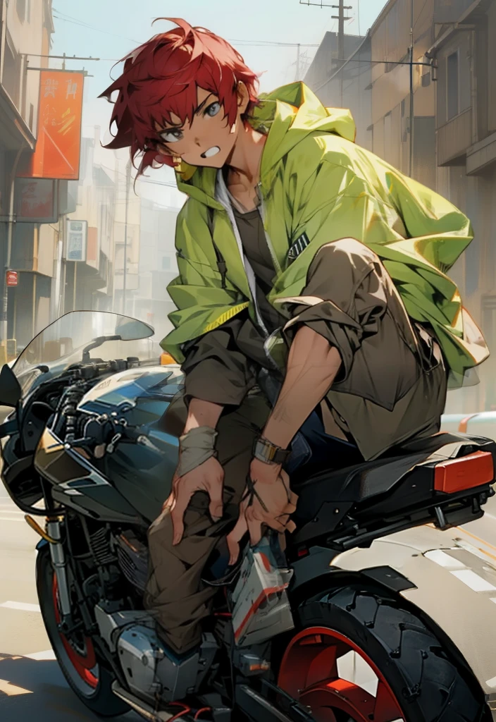 ((masterpiece)), (best quality), (absurdres), (photorealistic:1.4), 1girl, handsome girl,((flat body)) auburn red hair, , hoodie with motor sports jacket , (tanned skin, tanned male skin), bangs, green eyes, , very short messy boy cut hair, smile, grin, :D, longer face, shirt with hoodie on top, back pants, bike